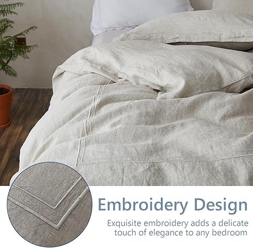Miniatura 7 de Simple&Opulence Juego de sábanas de lino 100% lavado, sábanas de lino natural de Francia, 4 piezas + 100% lino lavado, juego de funda de edredón