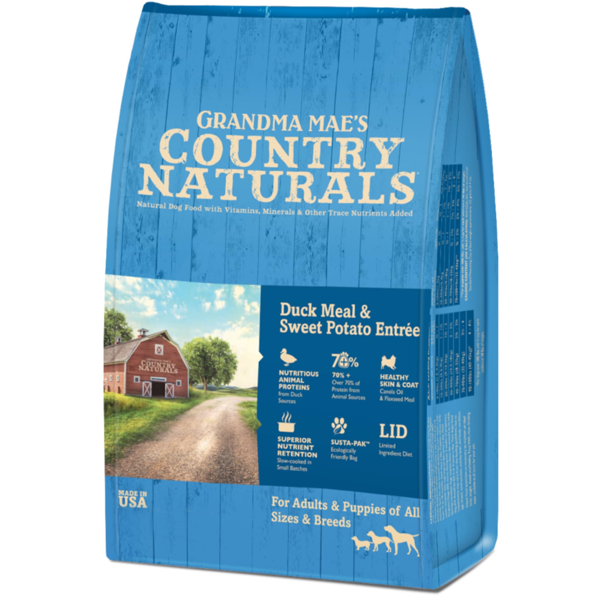 Grandma Mae’s Country Naturals Dry Dog Food, Duck, Sweet Potato & Brown Rice, Slow Cooked & Nutrient Dense, Made in USA, 14 LB Bag