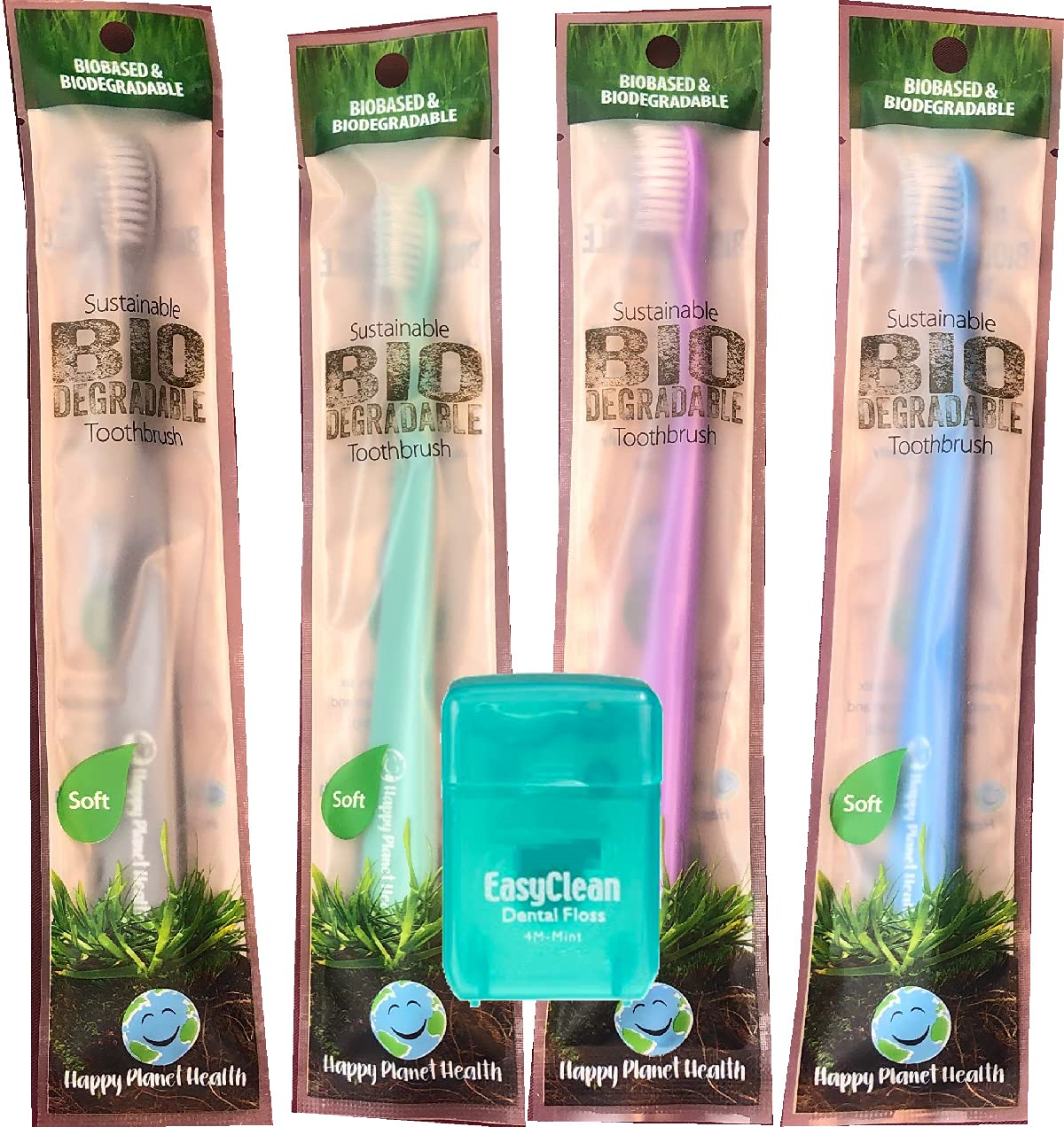 HDP Happy Planet Biodegradable Toothbrush Floss Color:Biodegradable Size:Pack of 4 with Bonus