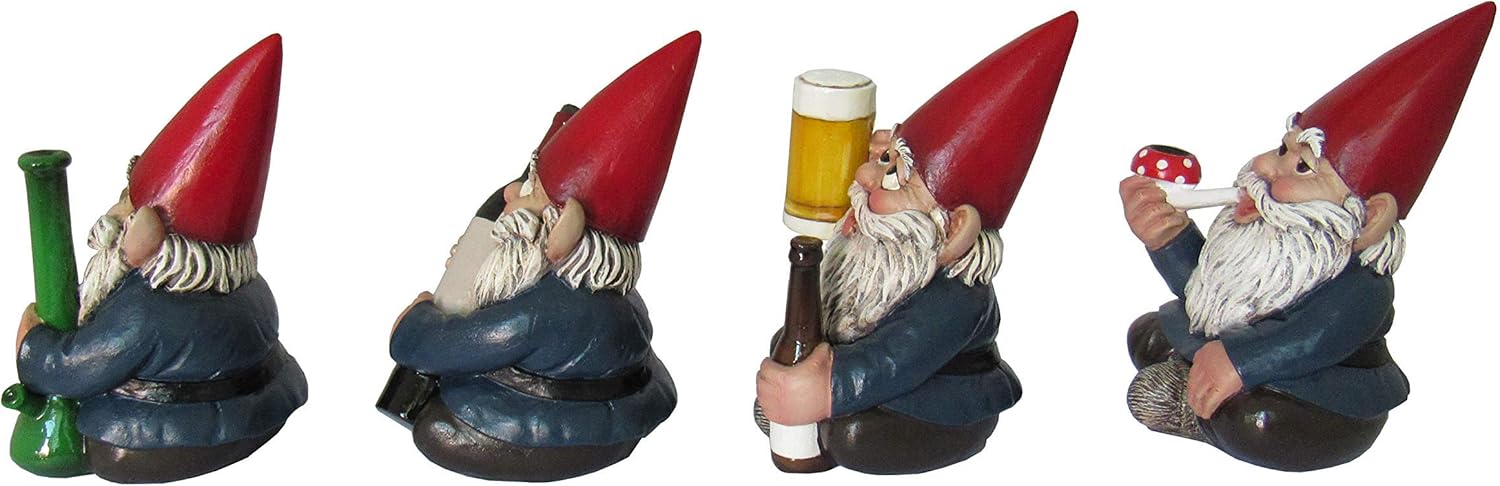 DWK 4" Happy Time Bunch Set of Four (4) Mini Gnomes with Bong Wine Beer and Pipe Party Favor Figurine Decor for Home and Office