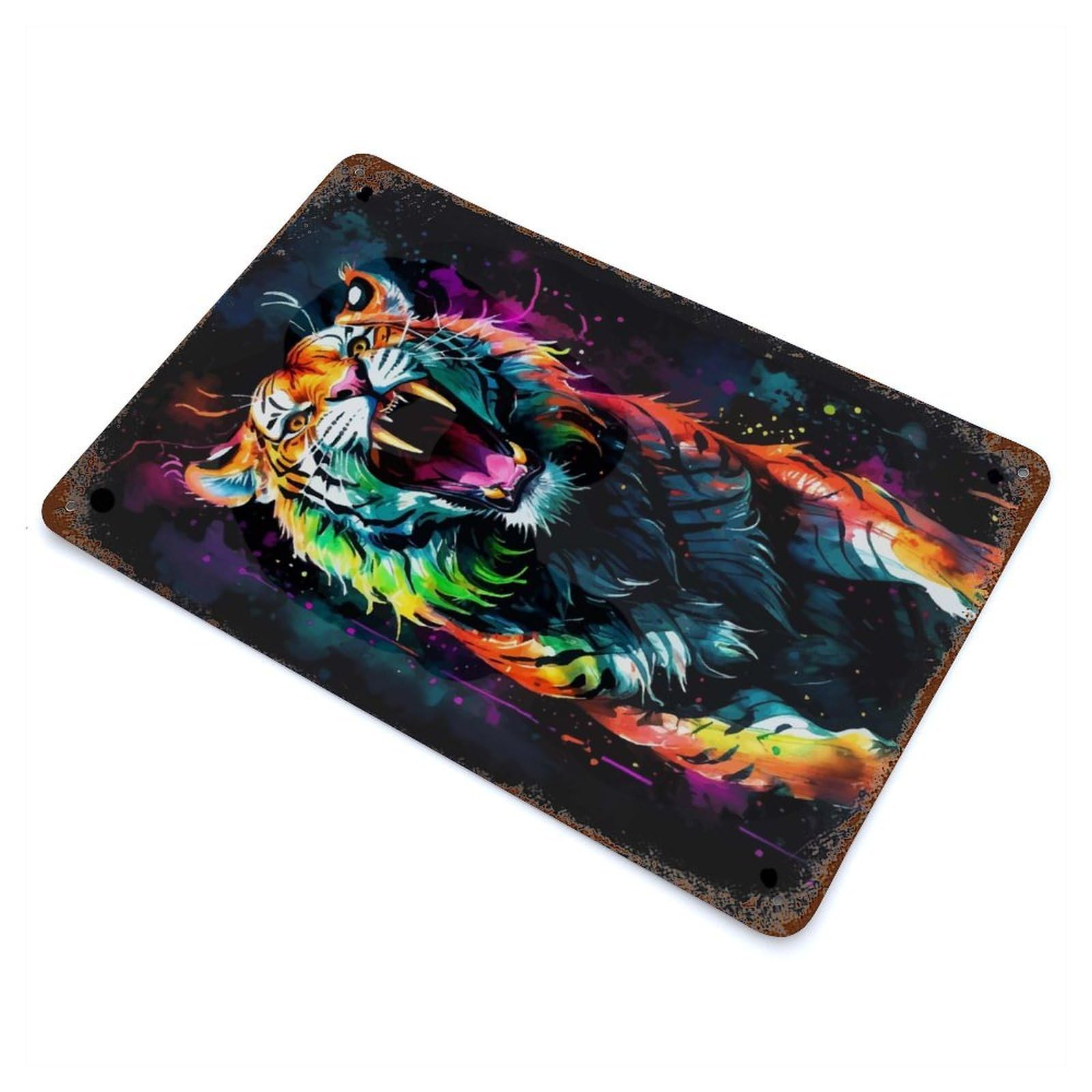 Garage Style Neon Watercolor Tiger Weathered Tin Sign 11.8"x7.9", Classic Wall Plaque for Bar And Workshop