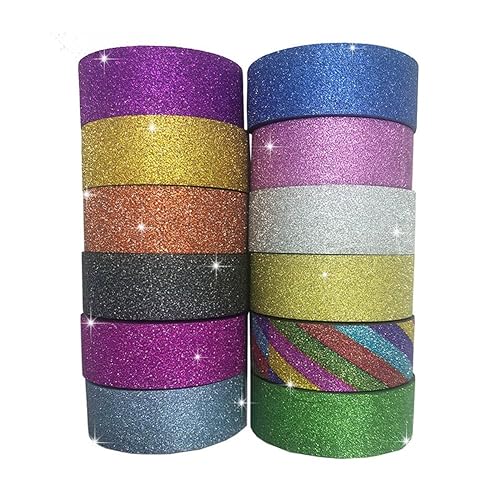 Glitter Washi Tape Set 12 Rolls Colored DIY Arts Crafts 0.59in*390in Decorative Self Adhesive Masking Tape