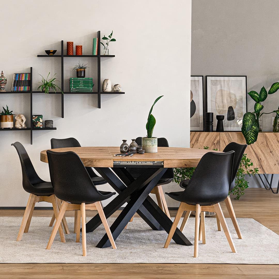 MOBILI FIVER, Table Ronde Extensible Emma, 120-160 cm, Bois Rustique, avec Pieds Noirs croisés, pour 4-6 Personnes, Table Extensible pour Cuisine, Salon, Made in Italy