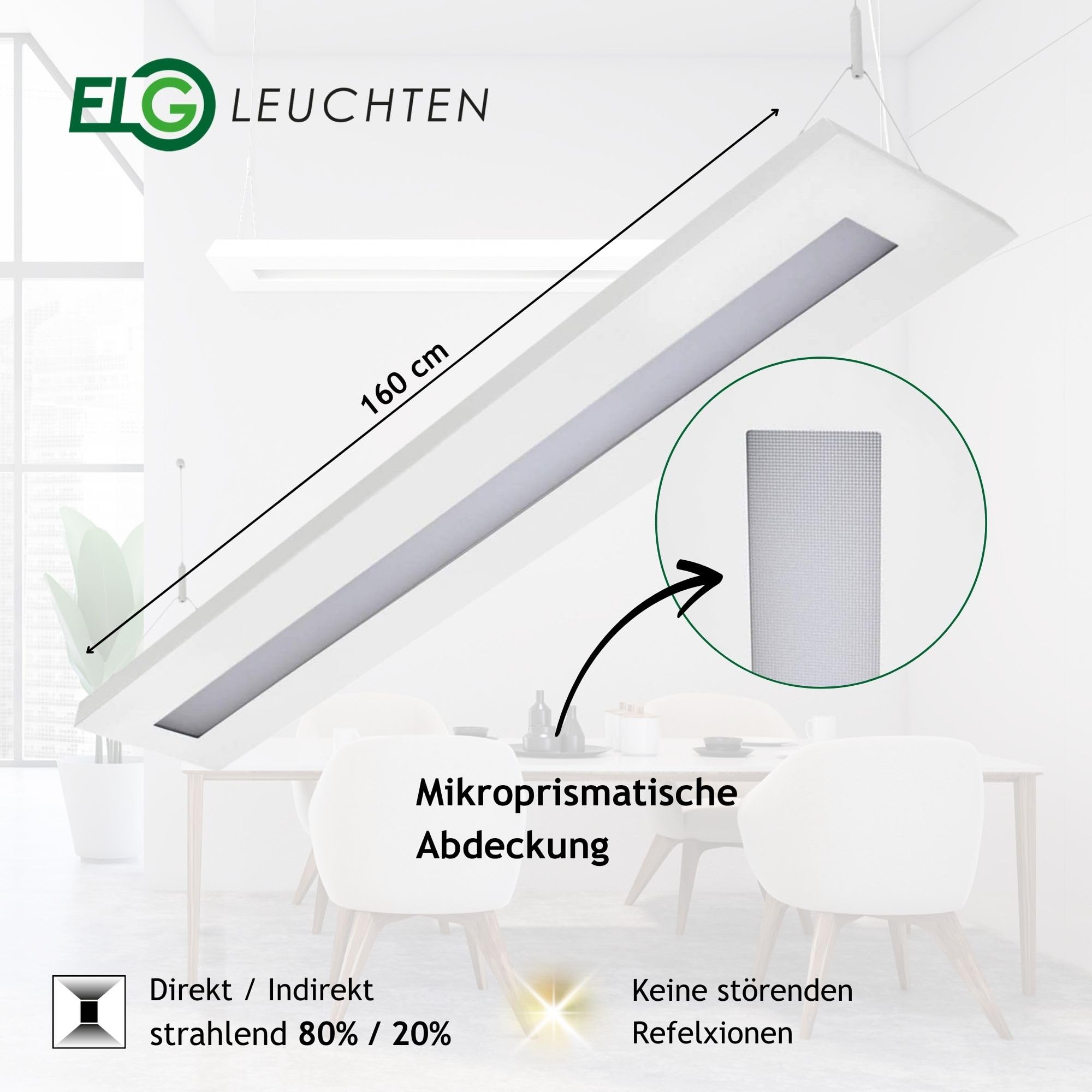 LED Pendelleuchte 160cm 64 Watt COB 4000K 6000lm | Mikroprismatische Abdeckung, Direkter/indirekter Lichtanteil, Büroleuchte, Arbeitsplatzleuchte, Designleuchte