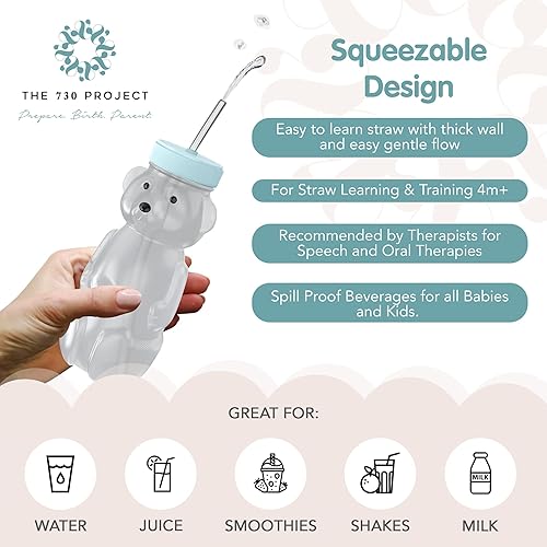Miniatura 4 de Honey Bear - Vaso con popote para bebés, 8 onzas líquidas con tapa, paquete de 3 pajitas de oso de miel para aprendizaje de terapia, juego de