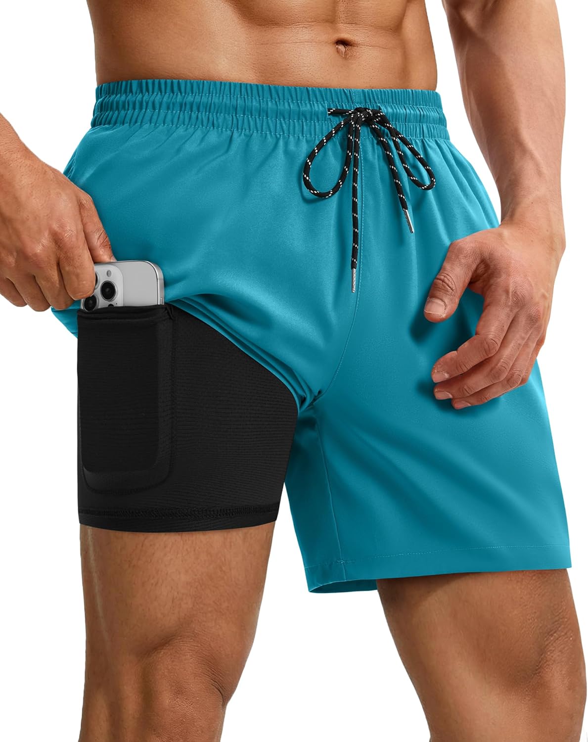 Gleeease 5 Inch Mens Swim Trunks with Compression Liner 2 in 1 Lined Soft Stretch Quick Dry Solid Pockets Drawstring Beach