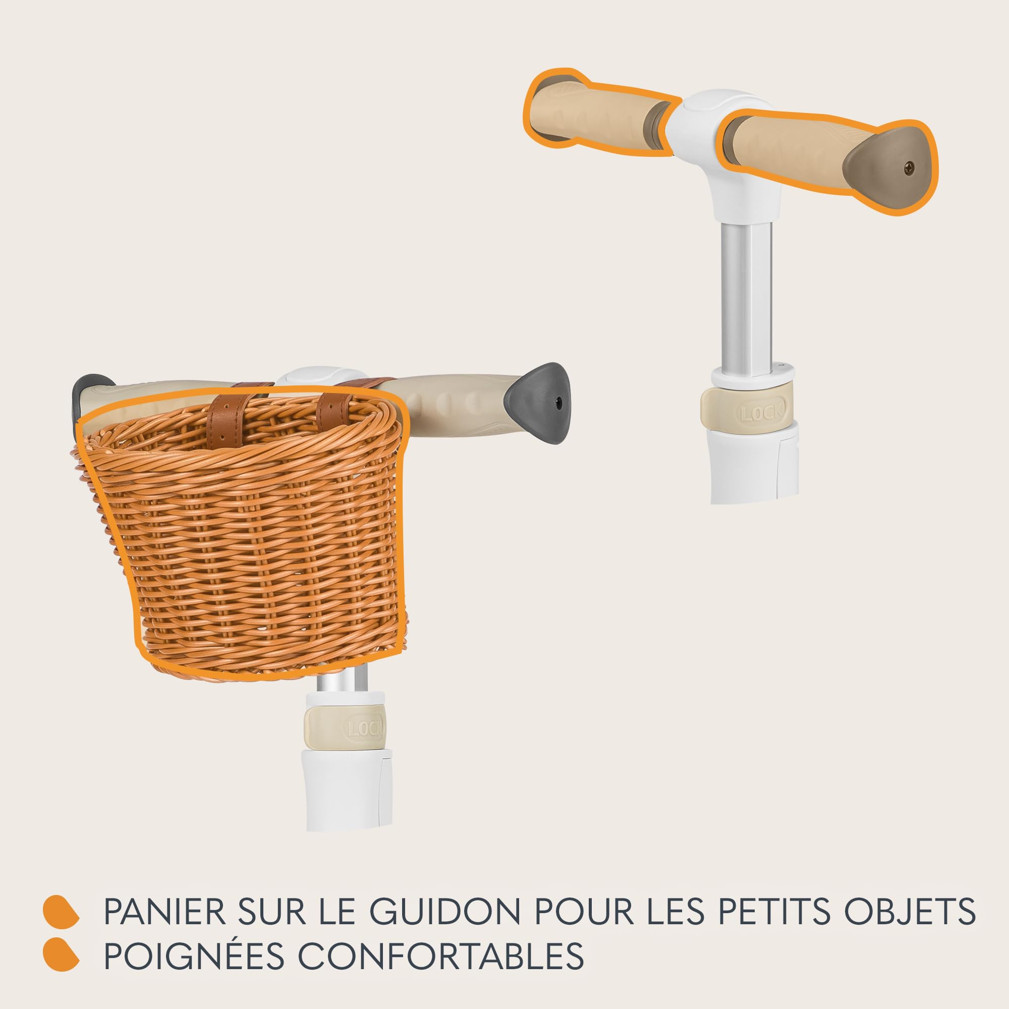 LIONELO Franky 2en1 Trottinette d'équilibre pour Enfants de 3 Ans à 50 kg Patinette de 1 an à 20 kg Roues LED Réglable en Hauteur, Plateforme Antidérapante, Panier (Beige)