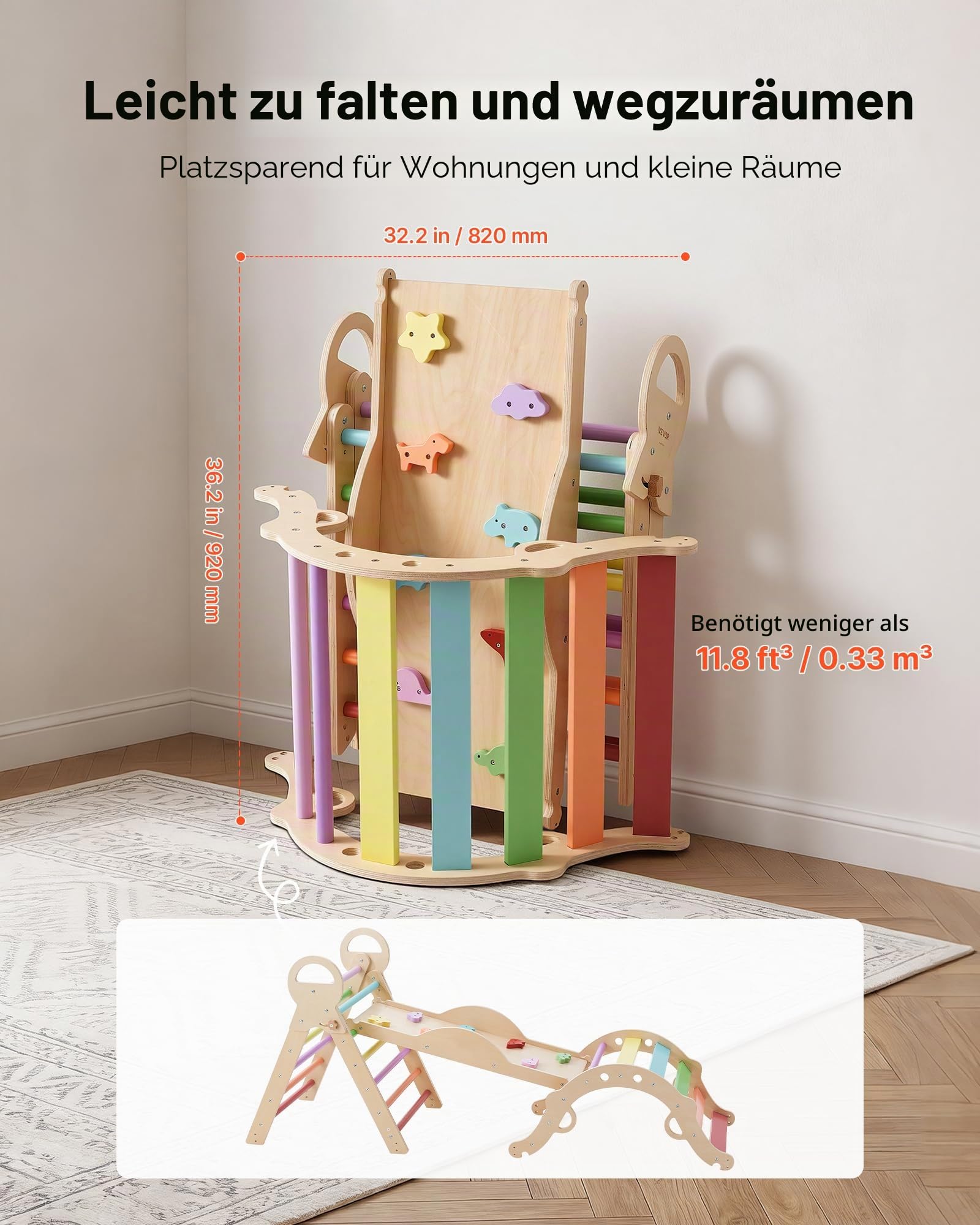VEVOR Kletterdreieck, 9-in-1 Kletterspielzeug, mit Holzautos, Kissen, Kletterdreieck, Rutsche & Kletterbogen, bis 68 kg, Montessori Indoor Spielset für Kinder im Alter von 1 bis 3 Jahren, Mehrfarbig