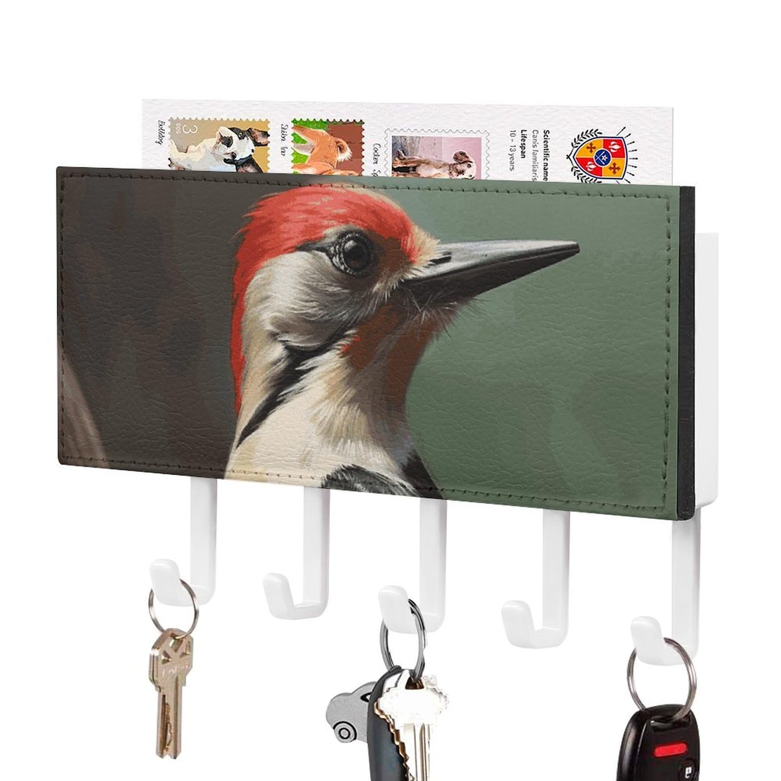 DWVTSLH Woodpecker Key Holder for Wall, Decorative Key Hooks with Mail Organizer & 5 Hooks, Self Adhesive Leather Key Hanger for Entryway, Wall Mounted Key Rack (7.1” X 4.3” X 0.9”)