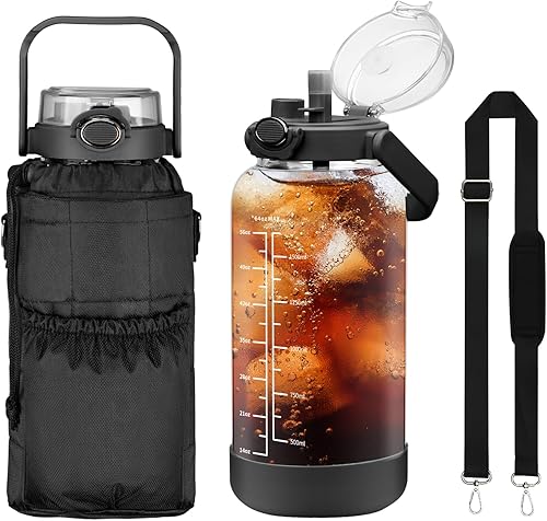 Botella de agua de vidrio de 64 onzas con popote y manga, botella de agua motivacional de medio galón con marca de tiempo y correa de 2 litros a