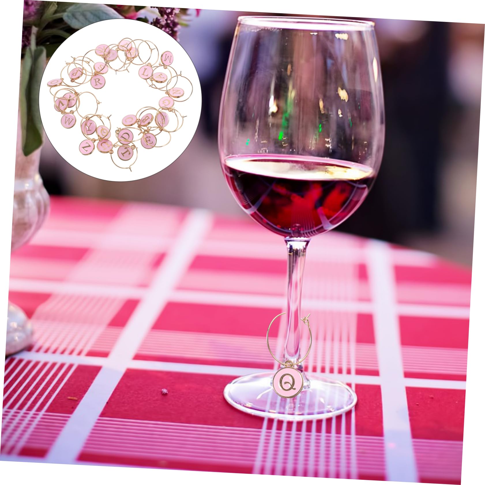 MAGICLULU 130 Pz Anello Di Bicchiere Di Vino Etichette Delicati Segnatazza Ciondoli Del Vino Dell'alfabeto Incantesimi Di Vino Marcatori Di Tazze Lega Di Zinco Rosa