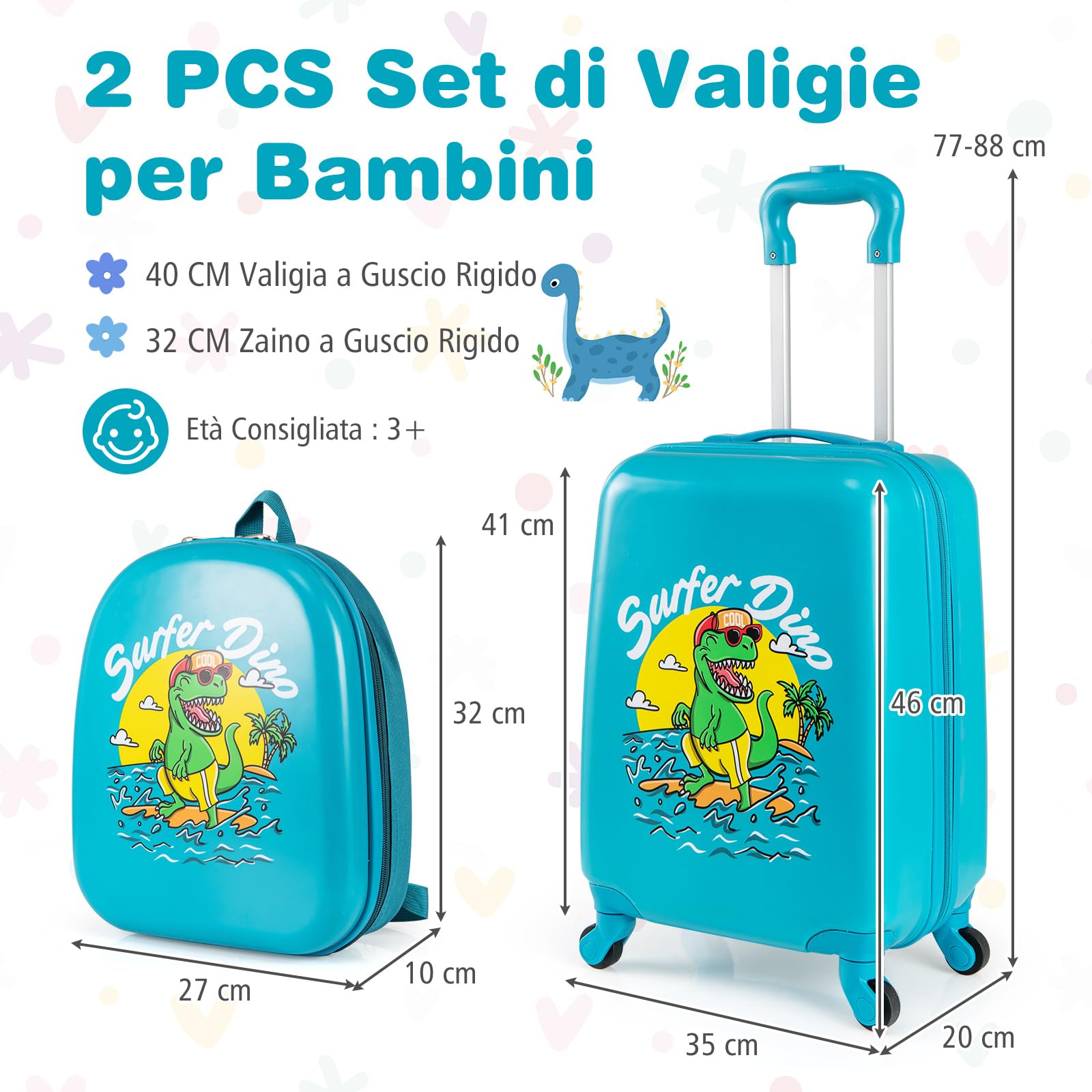 COSTWAY Set di 2 Valigia per Bambini, 17" Valigia+ 13" Zaino, con Ruote Girevoli a 360°, Maniglia Retrattile e Spallacci Regolabili, Ideale per Viaggiare in Modo Comodo e Divertente (Modello 1)