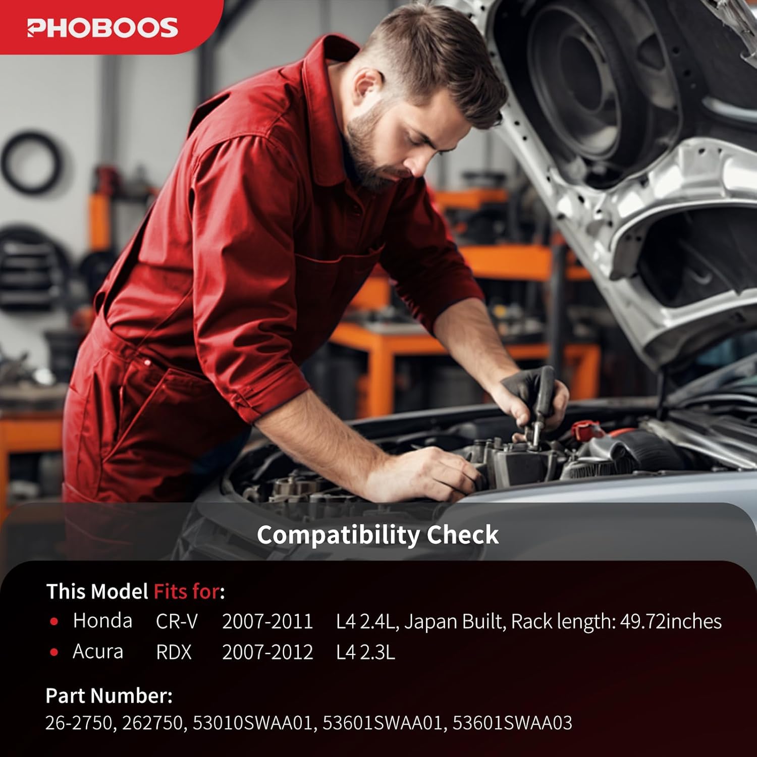 phoboos hydraulic power steering rack and pinion assembly compatible with honda cr-v 2007-2011, acura rdx 2007-2012 (only fit japan built; first letter in vin j; length 49.72 inches), ref. 26-2750