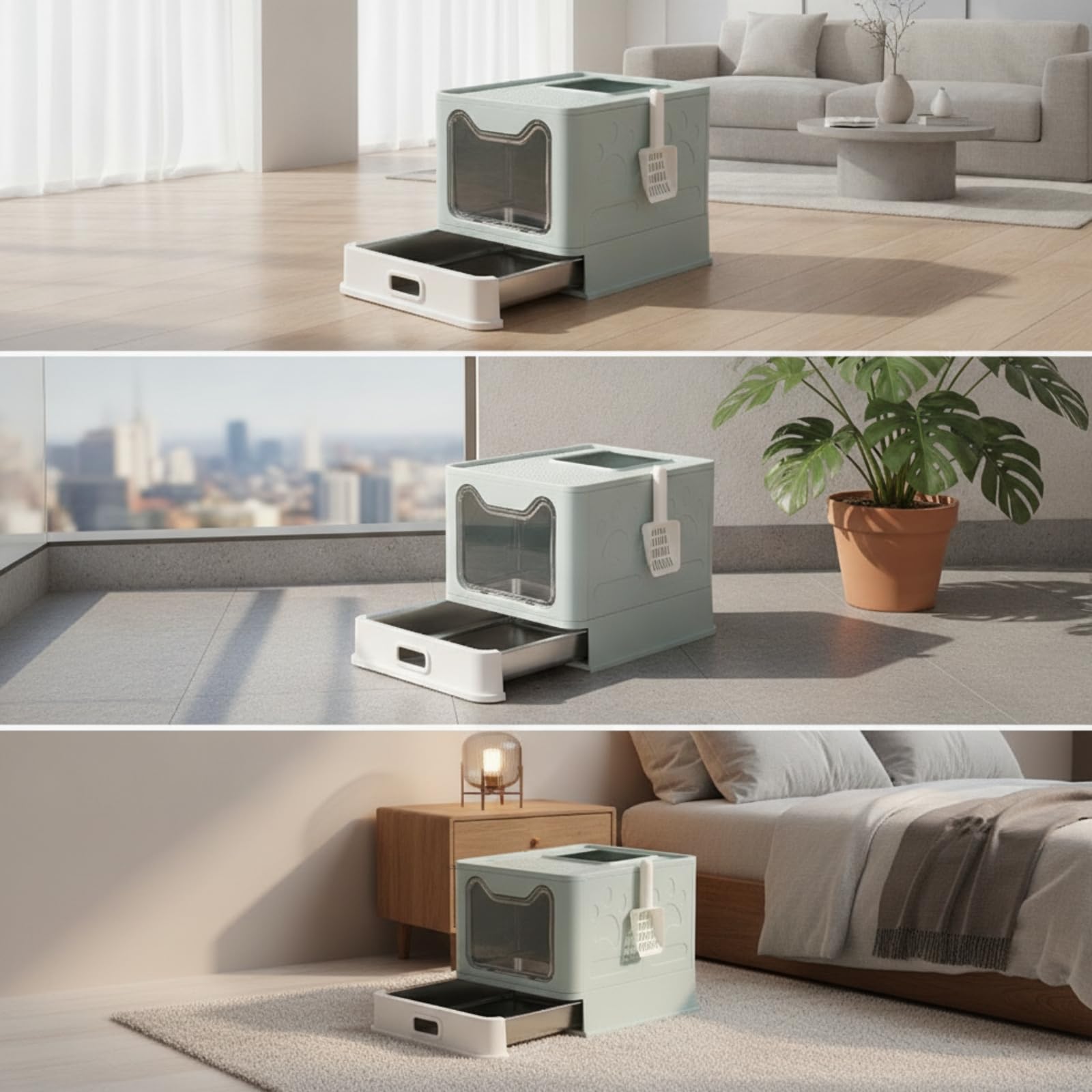 Baoblaze Caja de Arena para Gatos Cubierta con Puerta Transparente y Apertura Bandeja Extraíble de Acero y Laterales para Controlar Olores Adecuada para Hogares con una O Varias Mascotas, Gris