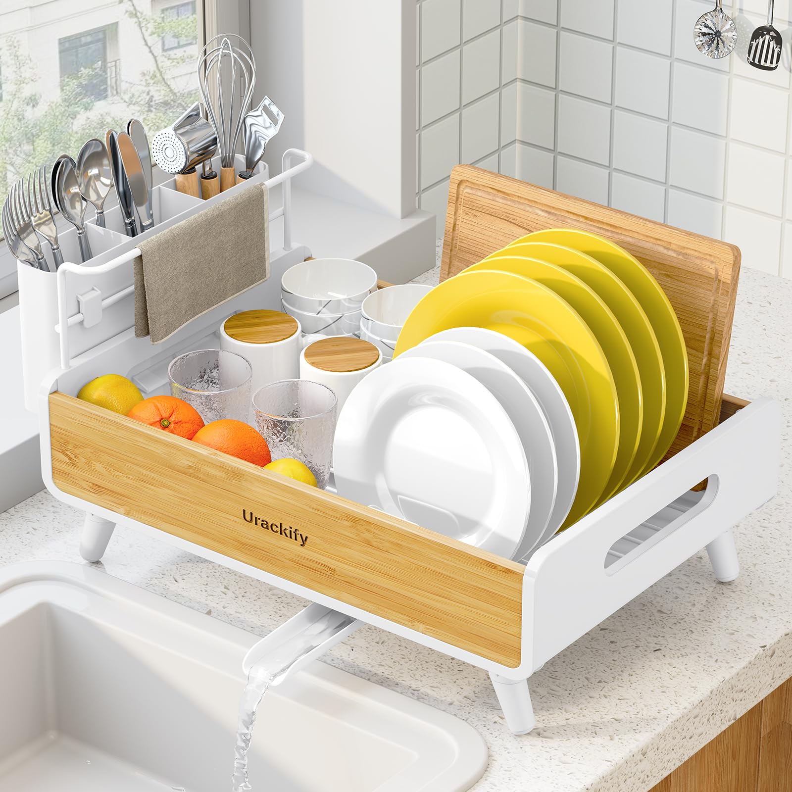 Urackify Scolapiatti per Cucina | Acciaio Inox e Bambù, Portautensili Rimovibile, Scolapiatti con Scarico Automatico
