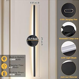 Battery Operated Wall Sconces with Remote Control, Dimmable Black Wall Sconces Set of Two with Rotatable Lamppost, 3000K-6500K LED Modern Wireless Wall Lights for Living Room, Bedroom, 28.15 Inch