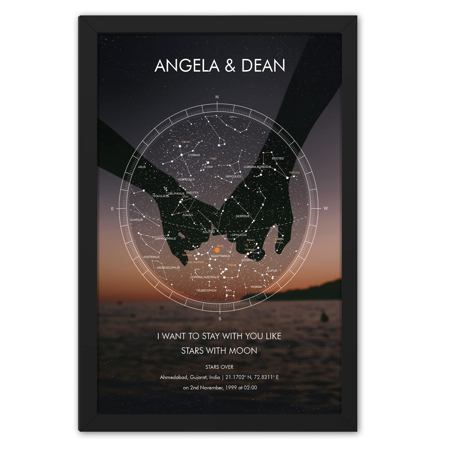 Ritwika's Synthetic Personalised Constellations Starmap Holding Hands Backdrop, Frame With Name, Message And Date | Size 9.5 X 13.5 In, With Glass, Set Of 1, Multicolor-image-23