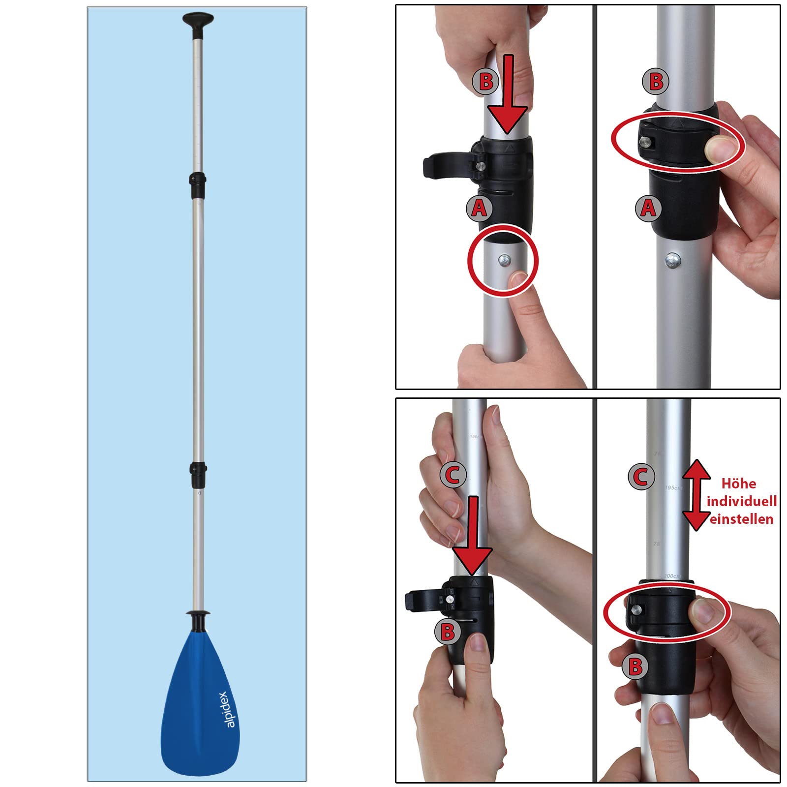 ALPIDEX 2 in 1 Paddel SUP Kajak Verstellbar Leicht Doppelpaddel Teleskoppaddel 160-207cm Aluminium Stechpaddel Stand Up Paddle Board Kajakfahren