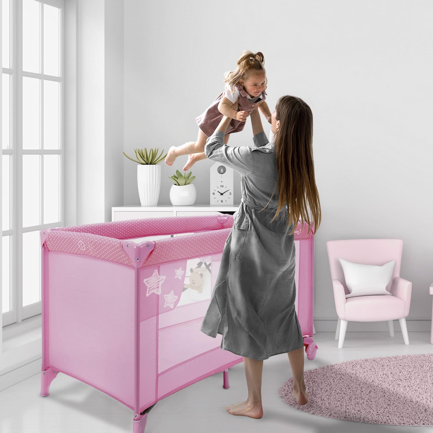 Asalvo Cuna de Viaje Bebé Plegable 0-3 Años (15 kg) | Cuna Portátil con Colchón, Bolsa y Ruedas con Freno | Parque Infantil Compacto Fácil de Transportar | Baleares Rosa