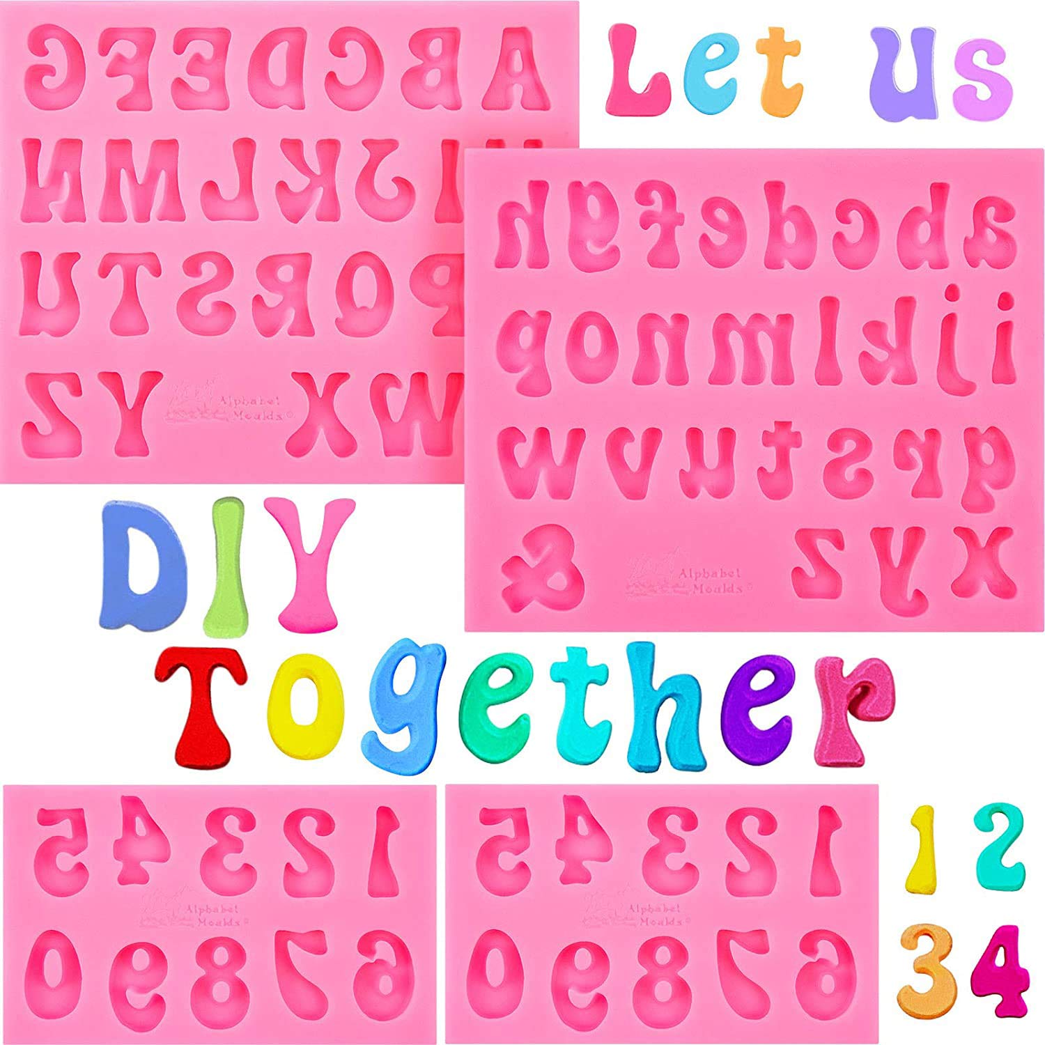 Letters Molds and Numbers Molds, Silicone Fondant Mold Chocolate Molds, Lowercase Uppercase 0-9 Number Handmade Soap Moulds Ice Cube Tray Silicone Mold for Baking Desserts (Pink, 4 Pieces)