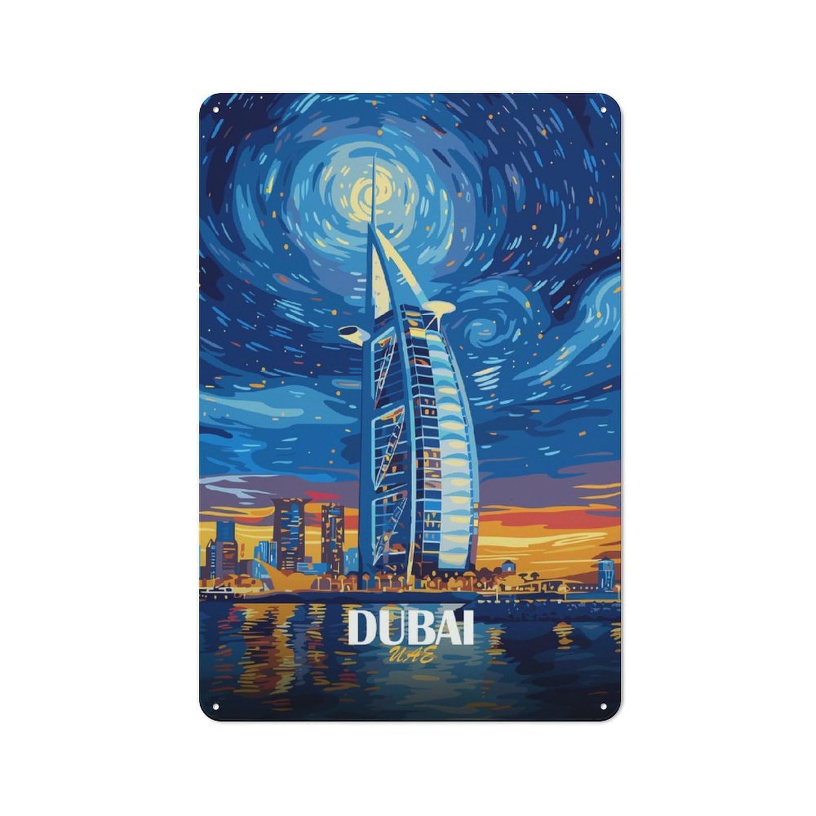 Dubai Skyline Starry Night Art Vintage Metal Wall Decor 30x20cm, Tin Sign for Cafe, Pub, Workshop Or Home Bar, Small Accent for Blank Walls