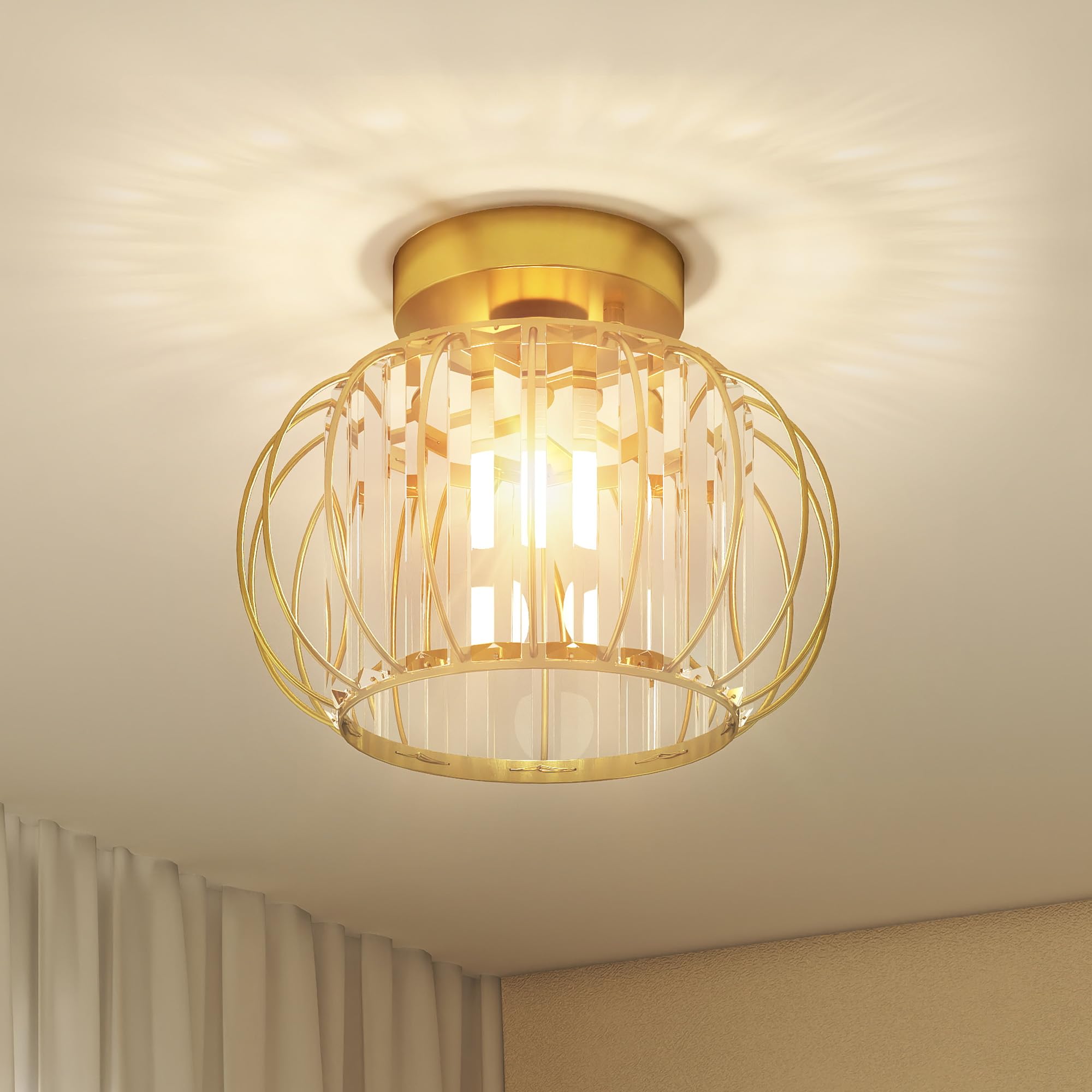 HOMCOM Plafoniera LED Moderna a Gabbia con 18 Cristalli Ø27x19 cm Oro | Minimal, Lampadario LED in Metallo, Camera da Letto