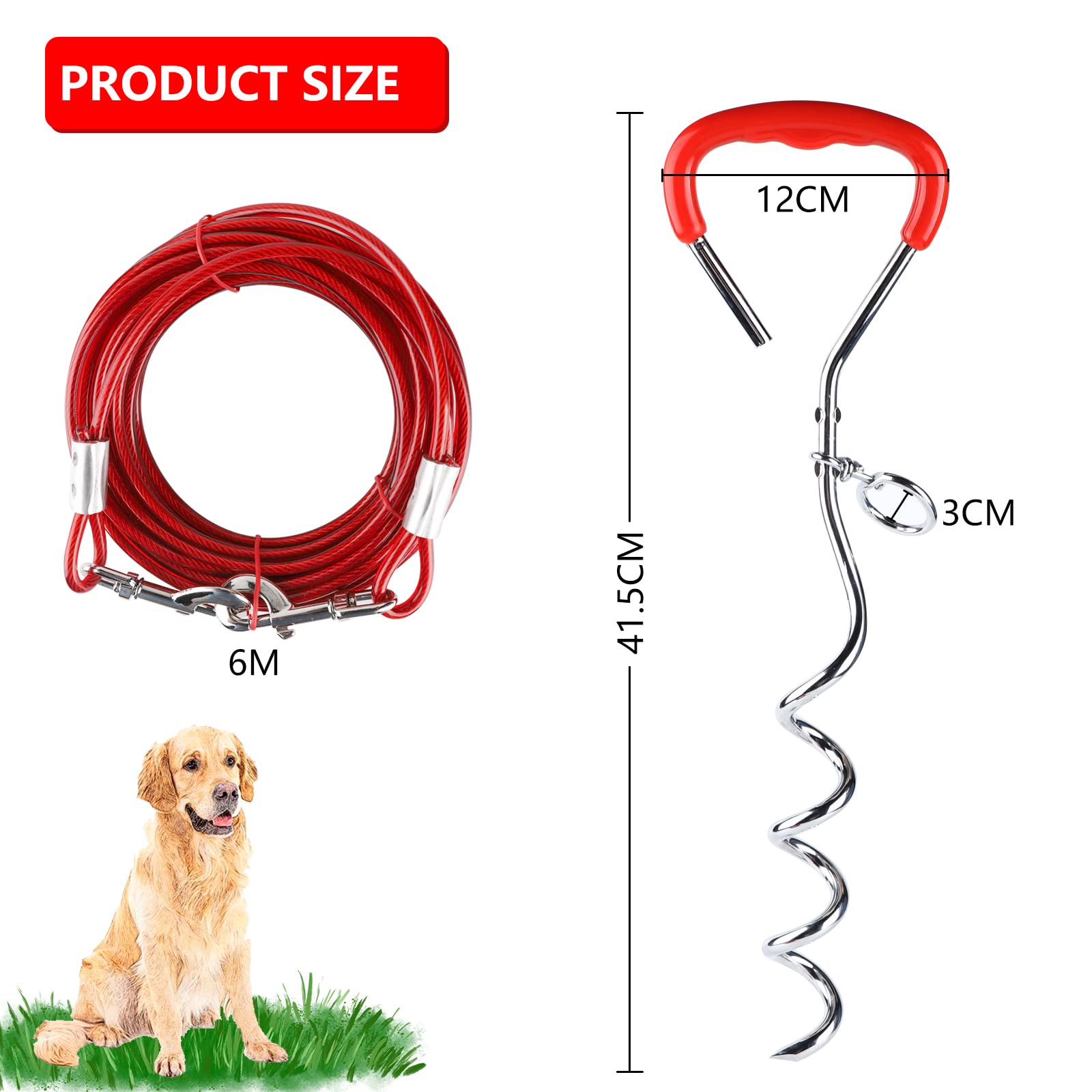 EFUTURETIME Estaca en Espiral de Acero Inoxidable Cromada, Cable de Amarre para Perros de 6m, Puede Girar 360° sin Atascarse, Ideal para Patios, Campings y Parques