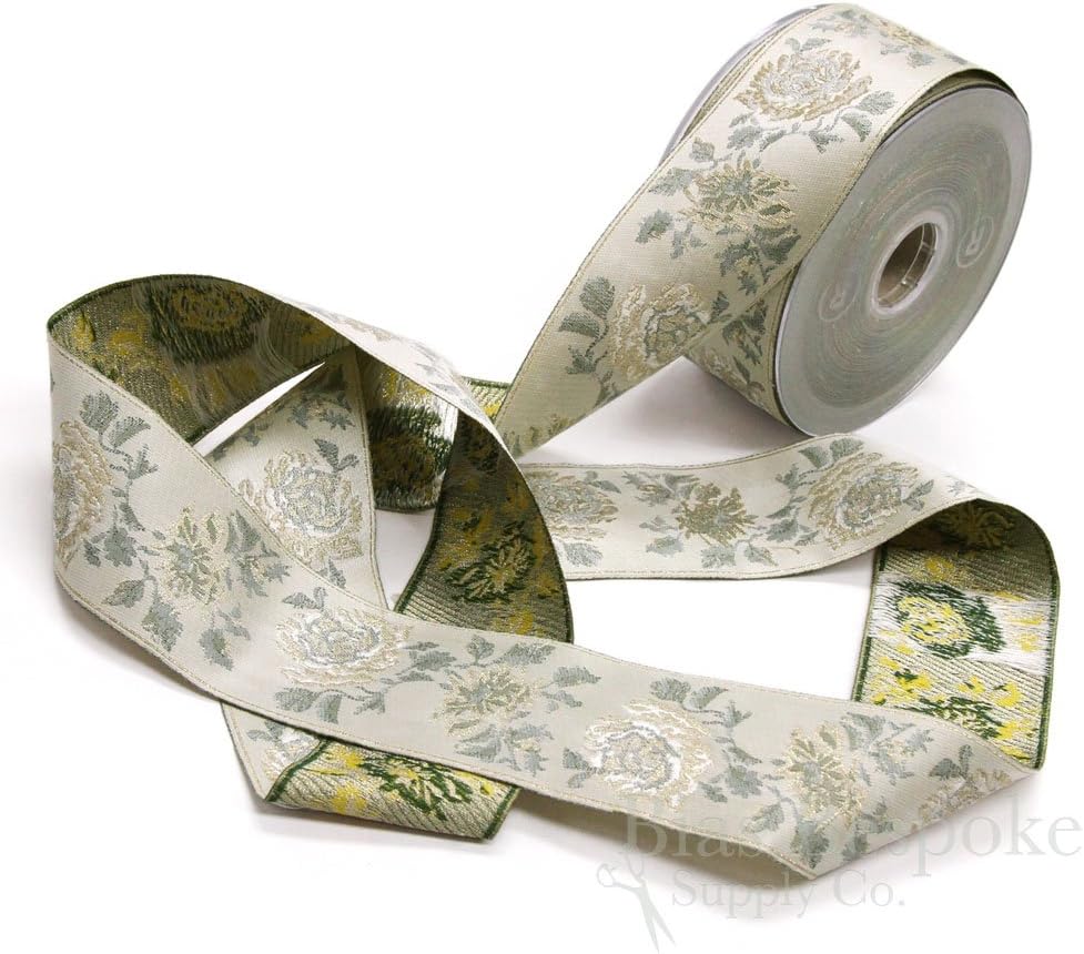 20 Meter Roll of Beige and Gold Wide Jacquard Rose Trim, Made in Italy
