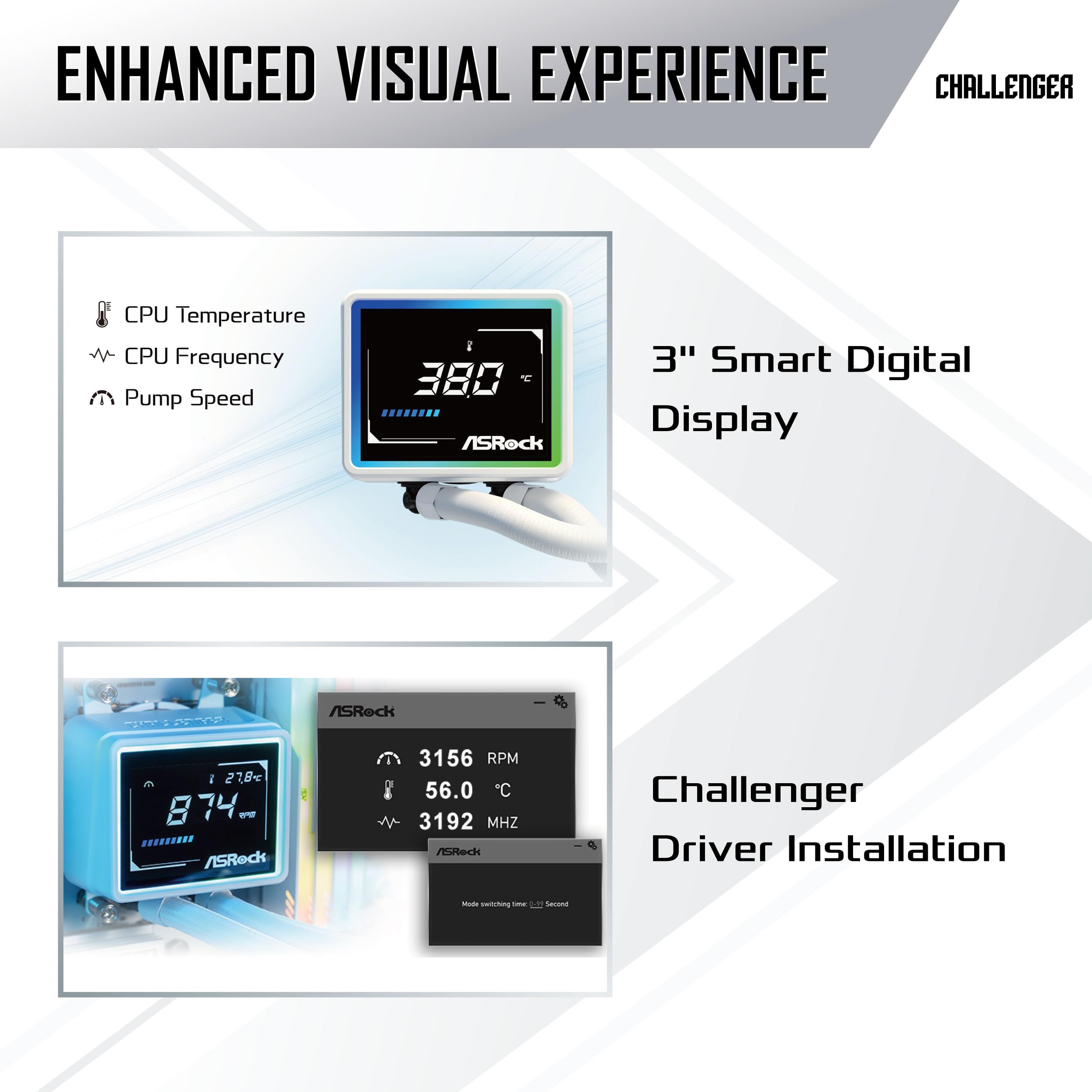 ASRock Challenger White 240 Digital AIO chłodzenie wodne, kompatybilne z AMD AM5/AM4 i Intel LGA1851/LGA1700, ARGB, 120 x 120 x 25,4 mm