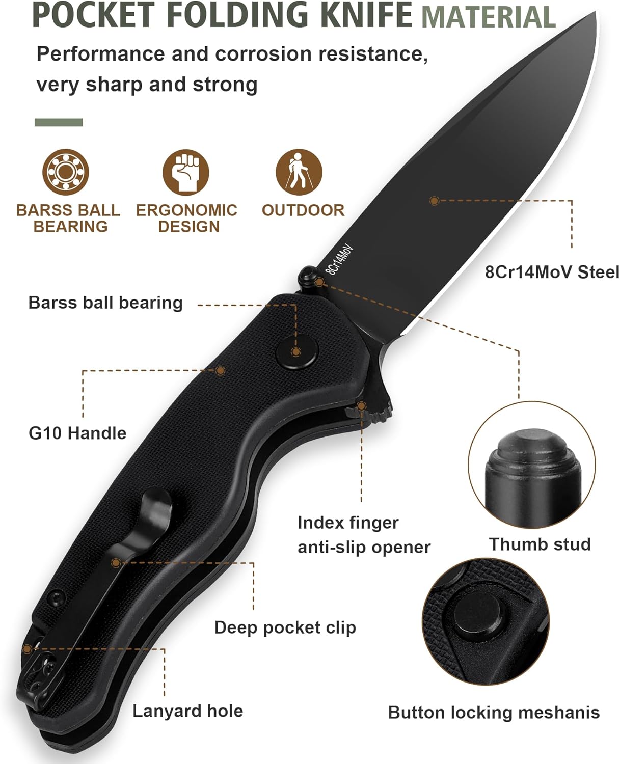 Pocket Folding Knife(EDC)- With 2.99” 8Cr14MoV Steel Blade and G10 Handle,- Lightweight Folding knives with Clip for Camping, Hiking, Hunting Survival Multi-Knife (Black)