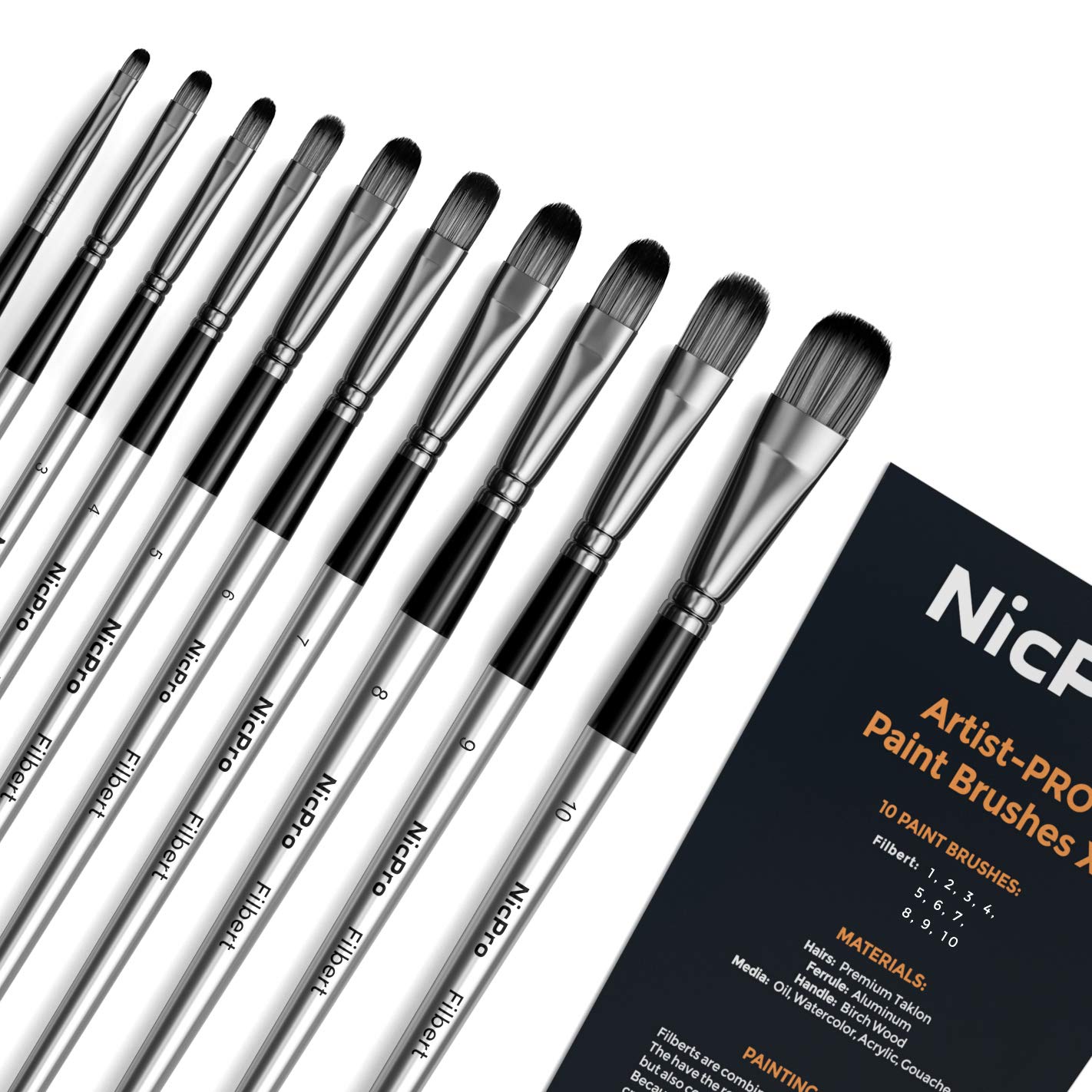 Nicpro 10 PCS Filbert Paint Brushes Art Painting Brush Set for Acrylic Watercolor Oil Gouache Canvas, Craft Detail Face Body Painting, Artist Kit for Kid & Adult