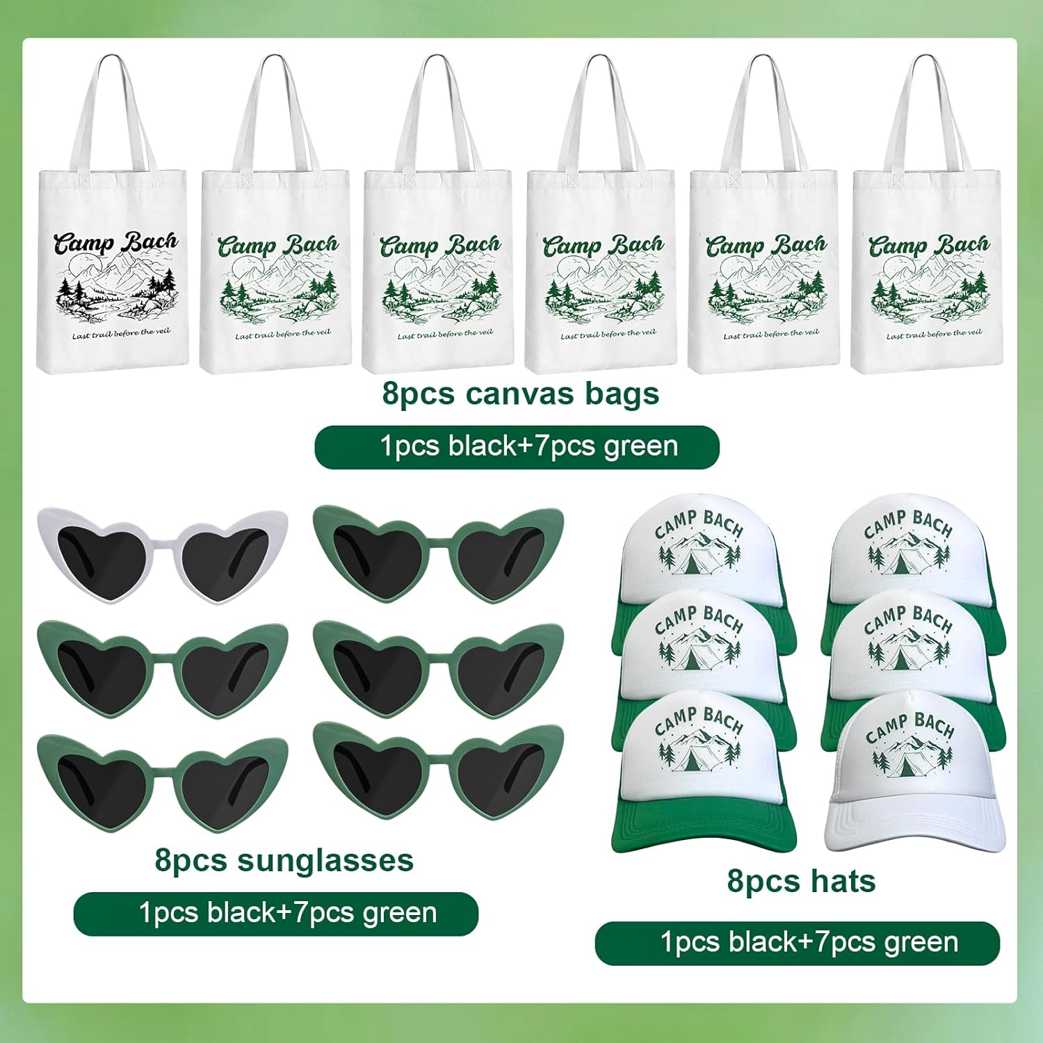 24 Pcs Camping Themed Bachelorette Party Favors Include 8 Bridesmaid Tote Bags 8 Camp Bach Baseball Caps 8 Heart-shaped Sunglasses for Bachelorette Bridesmaid Bridal Shower Gift Wedding Party Gifts