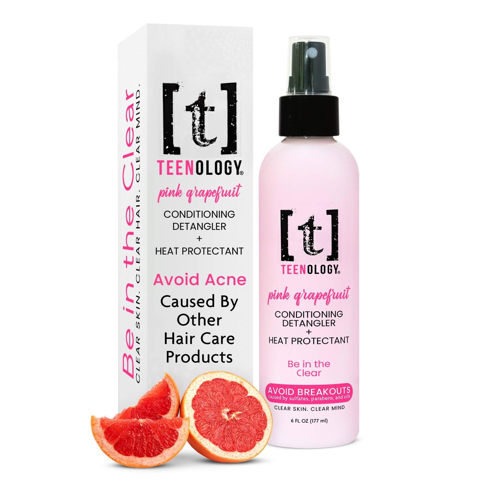 Teenology Leave-In Conditioning Detangler + Heat Protectant for Teens - Helps with Acne and Breakouts - Pink Grapefruit Scent 6 oz.