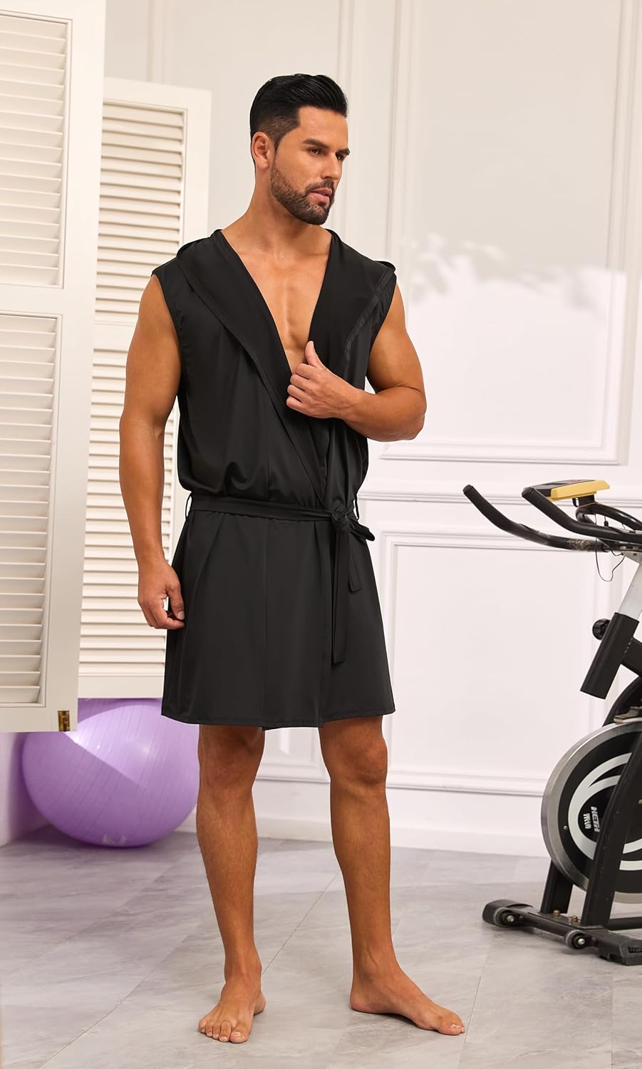 VintageClothing Men's Summer Robe with Hooded Lightweight Bathrobe House Kimono Sleeveless Sexy Sleepwear Pajamas - Image 6