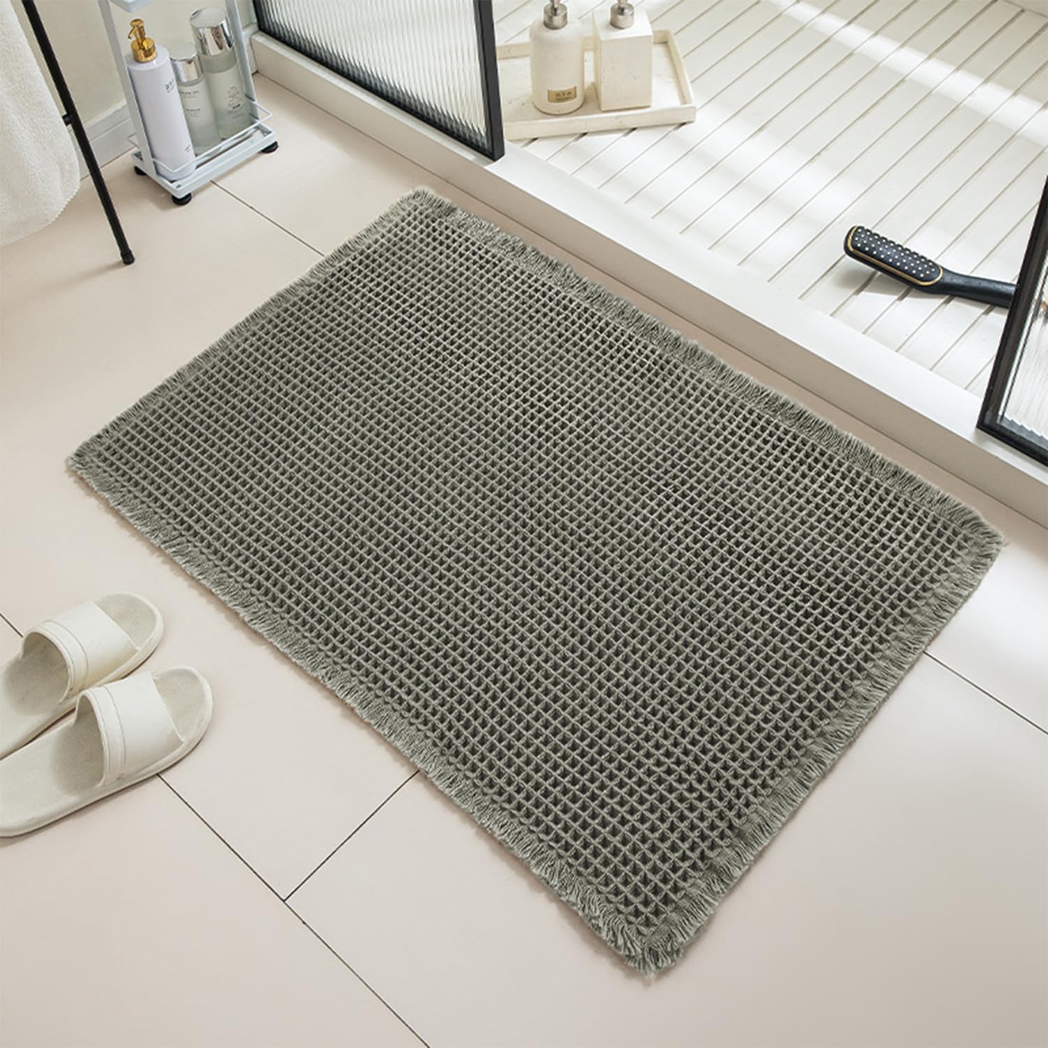 Wlian Waffle Bath Mat – Soft Absorbent Bathroom Rug, Quick Dry & Non Slip, Anti-Mould Bathmat, Green, 50x120 cm