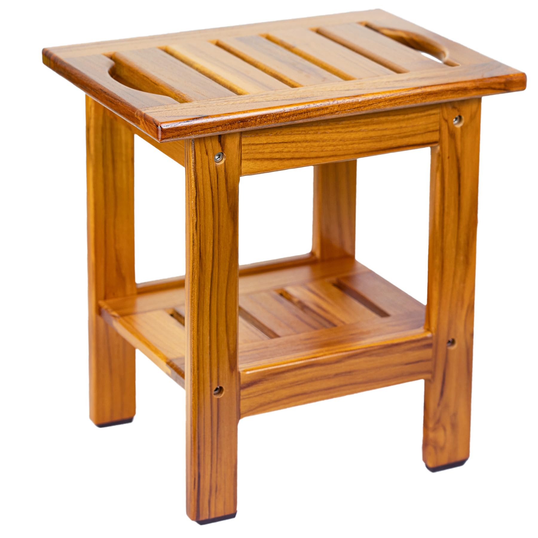 Utoplike Banco de Ducha de Teca, Taburete de Ducha Compacto con Estante y asa, Asiento de baño pequeño de Madera de 2 Niveles con Patas Antideslizantes para baño, bañera o Uso al Aire Libre