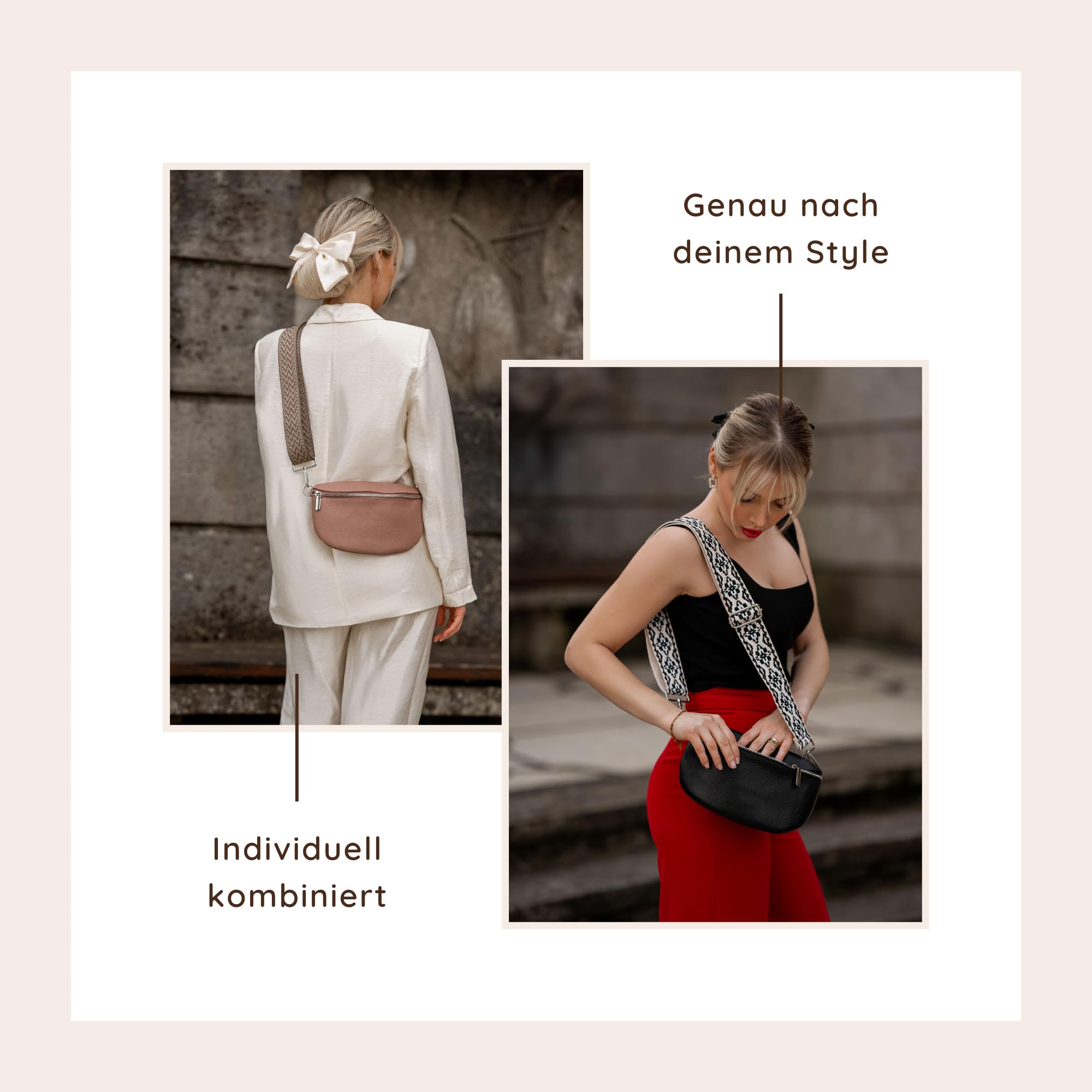 Umhängetasche Echtleder Tasche Handtasche Leder Bauchtasche Klein mit Schultergurt Design Taschenband abnehmbar verstellbares Riemen Crossbody Bag Echt Ledertasche Damen mit Reißverschluss