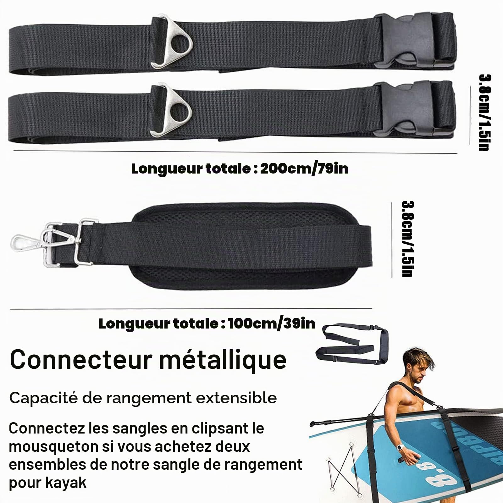 Sangle de Transport pour Planche de Surf, Sangle de Transport en Nylon pour Planche de Surf, Sangle de Bandage réglable pour Planche de Surf, Stand up Paddle, Longboard, Paddle, Sup
