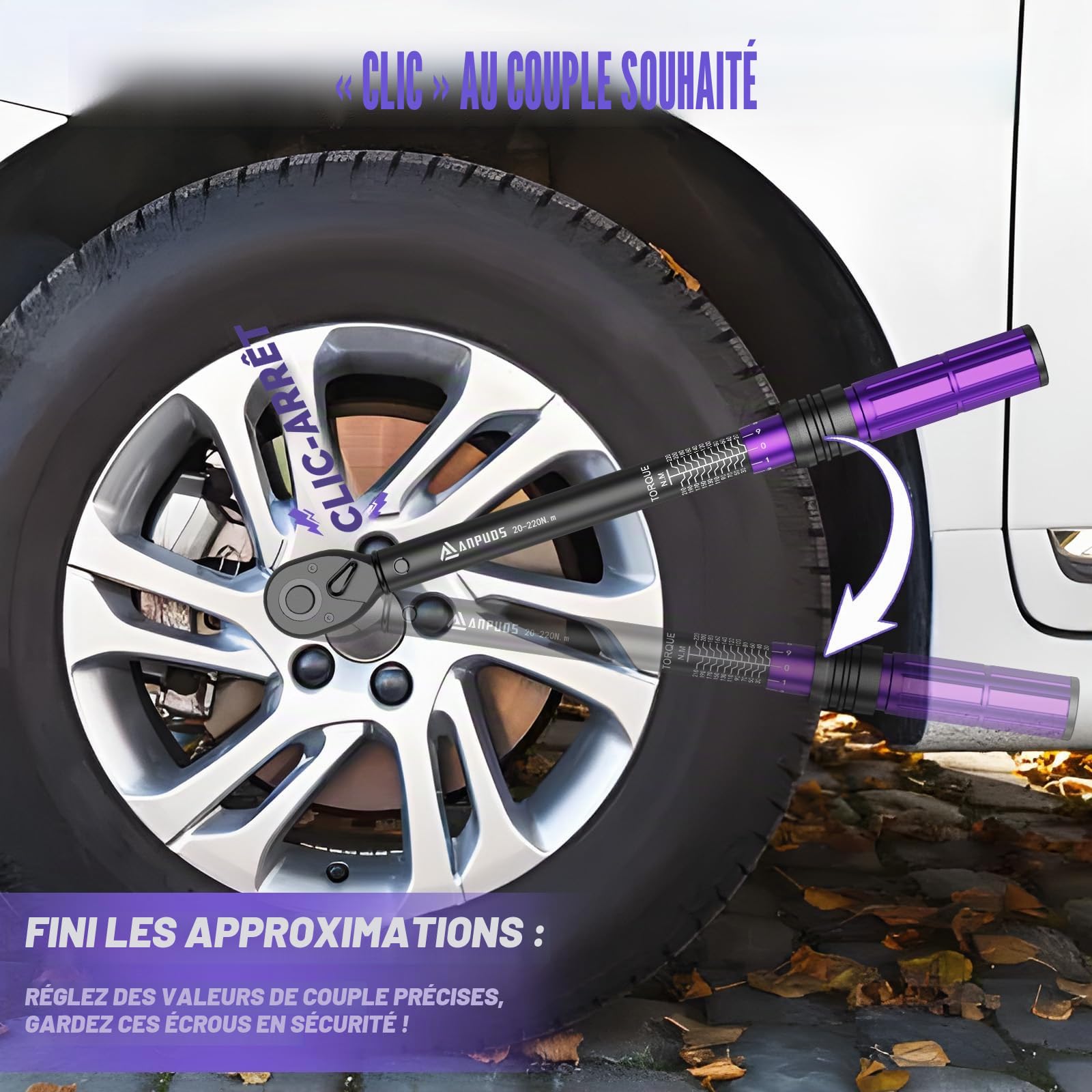 ANPUDS Clé dynamométrique 1/2" 20-220 Nm 72 Dents Tête à Cliquet Réversible Précision ±3%