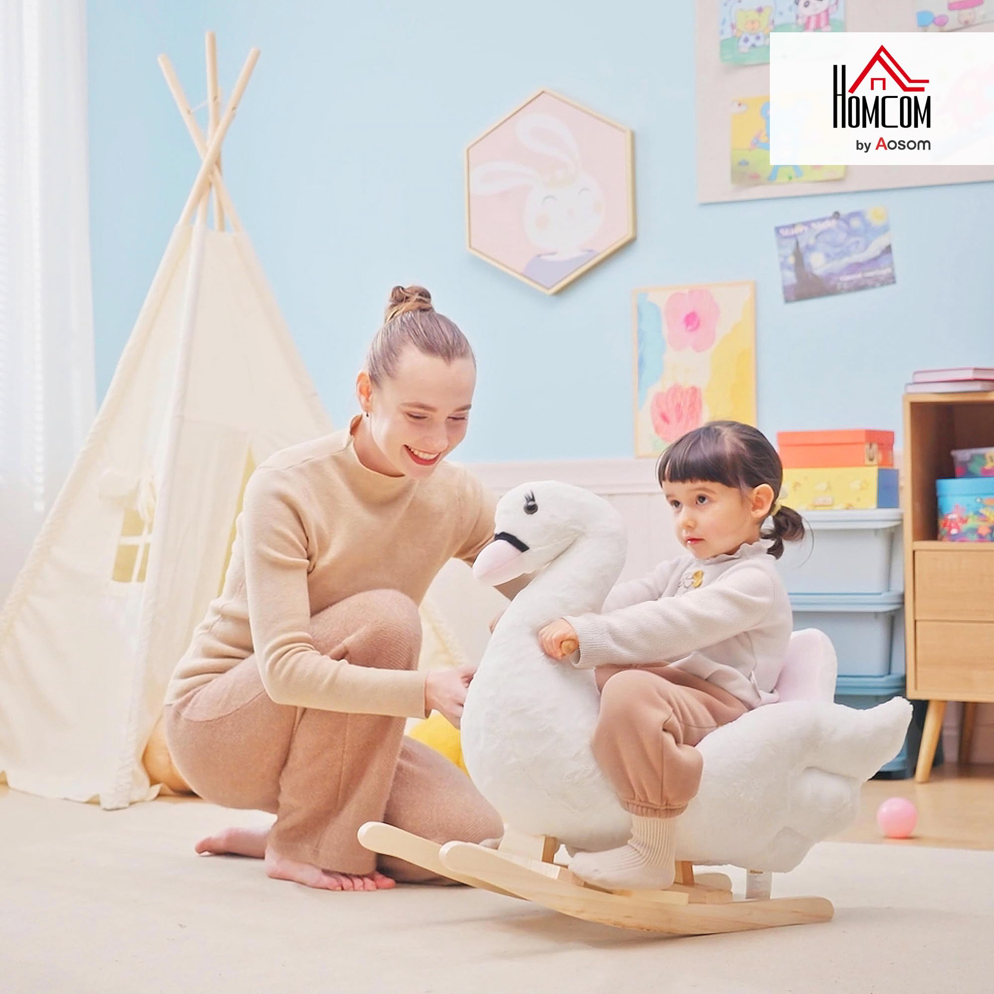 HOMCOM Schaukeltier Schaukelpferd mit Musik, 57 cm Baby Schaukel aus weichem Plüsch Schaukelspielzeug Spielzeug Wippe für Baby Kinder Kleinkinder ab 18 Monate Holz