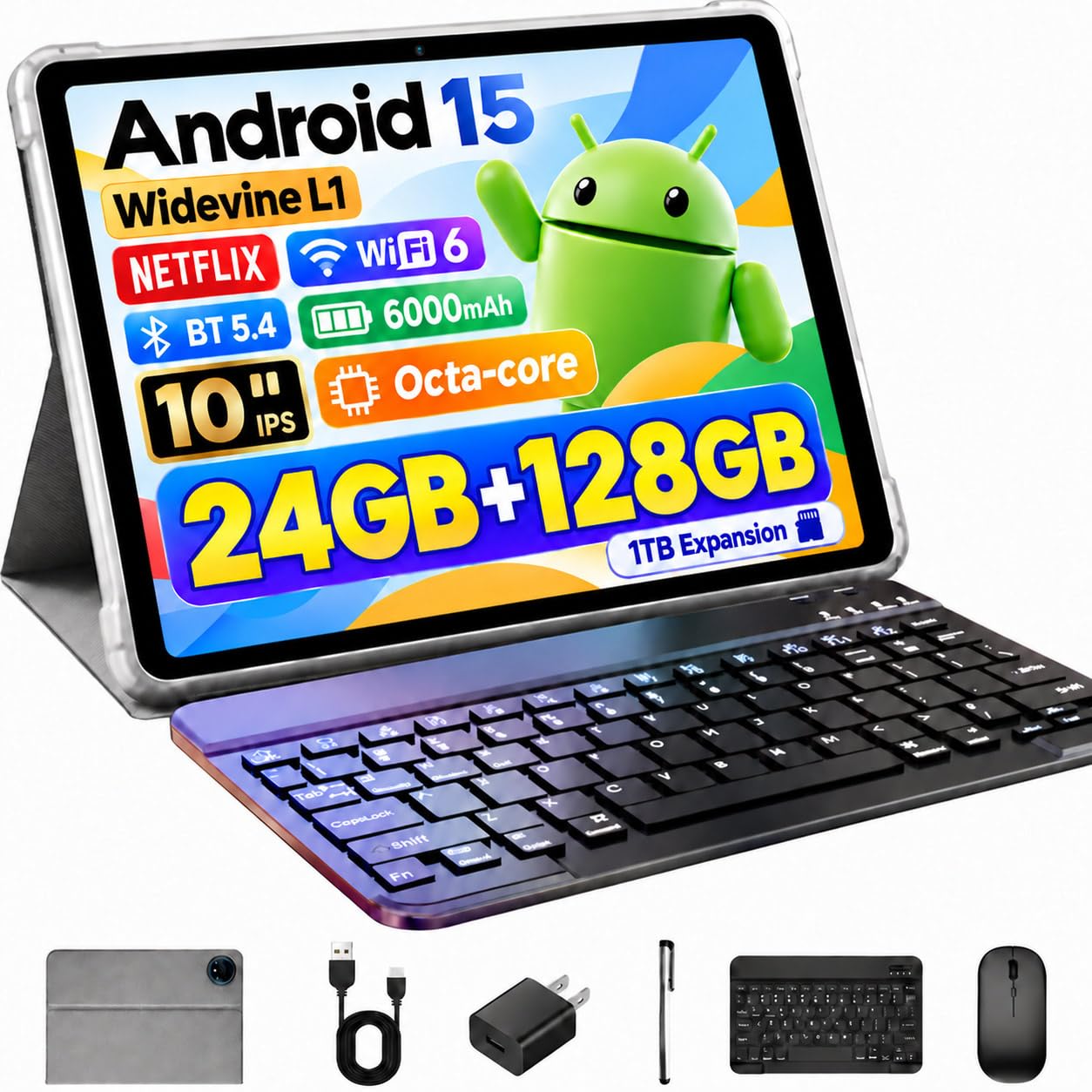 Amazon.com: 10 Inch Tablet Android 15 with Keyboard, 24GB RAM +