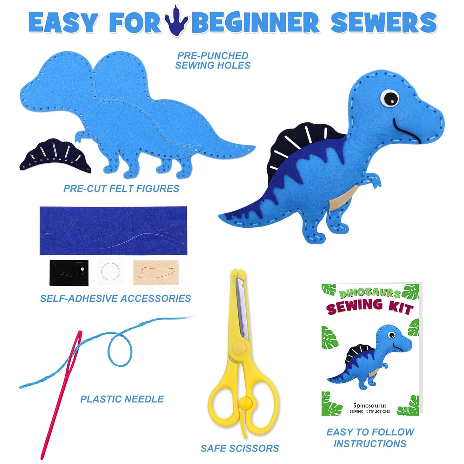 CATELL Kit Couture Dinosaure – 14 Projets En Feutre Pré-découpé, Aiguilles, Fils, Ciseaux – Débutant, Dès 6 Ans – Cadeau Créatif