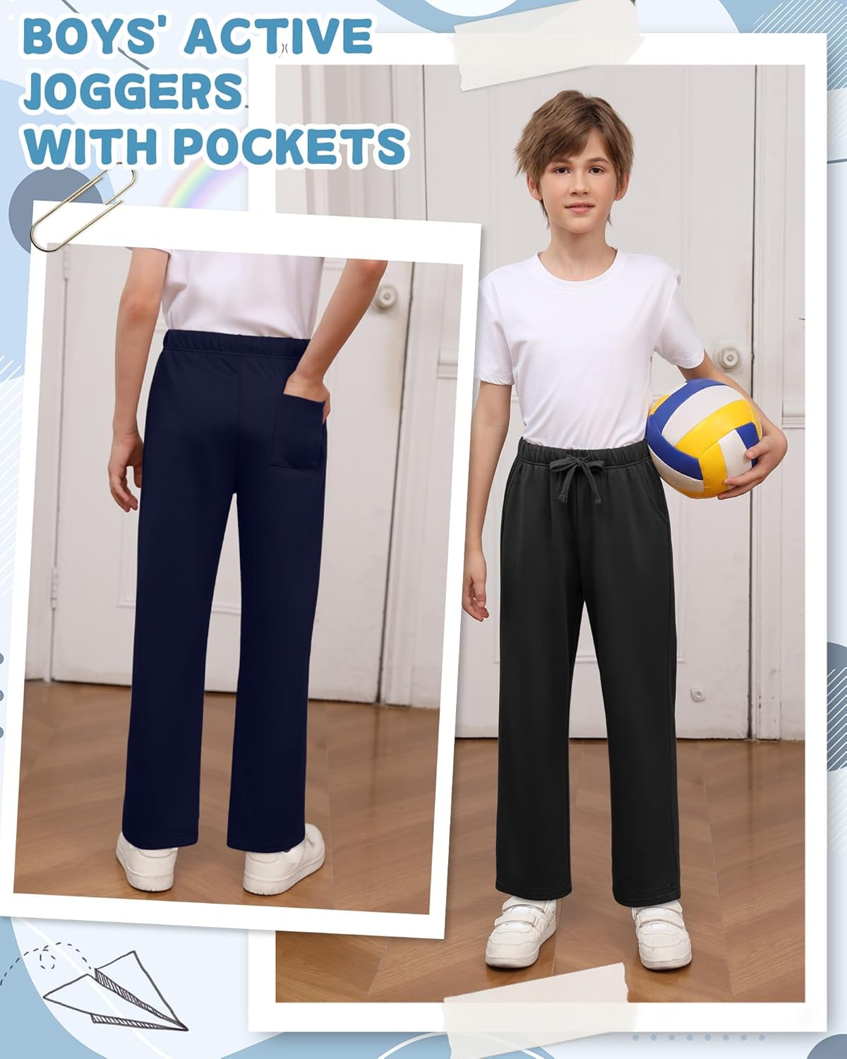 3 Pack Boys Sweatpants Straight Leg Athletic Open Bottom Joggers Workout Elastic Drawstring Kid Pants with Pockets - Image 5