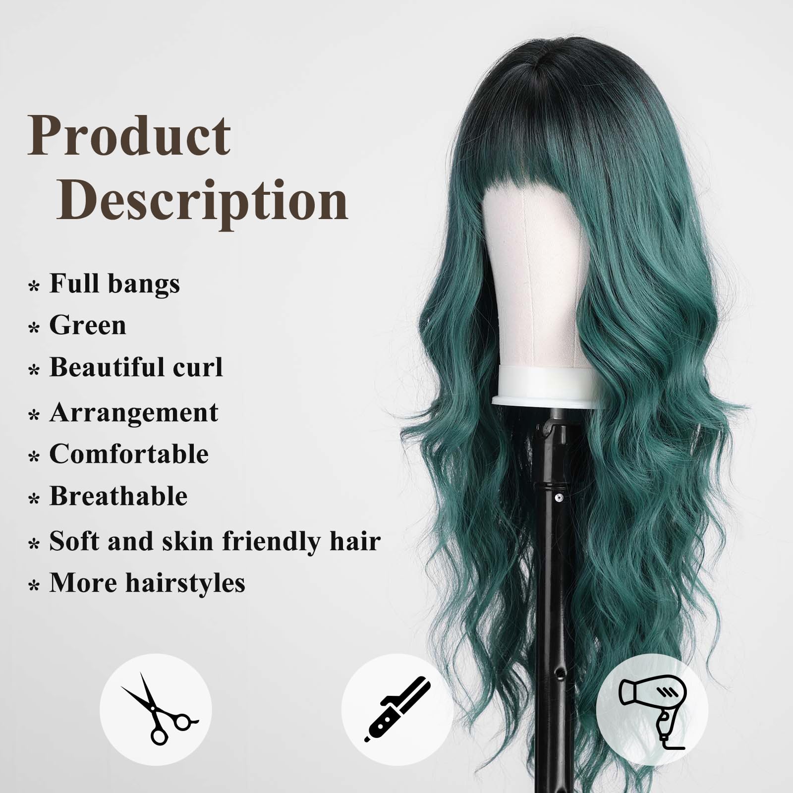 EMMOR Green Wigs with Bangs Curly Synthetic Women's Wig Long Heat-Resistant Wig for Daily Use Natural and comfortable - Image 2