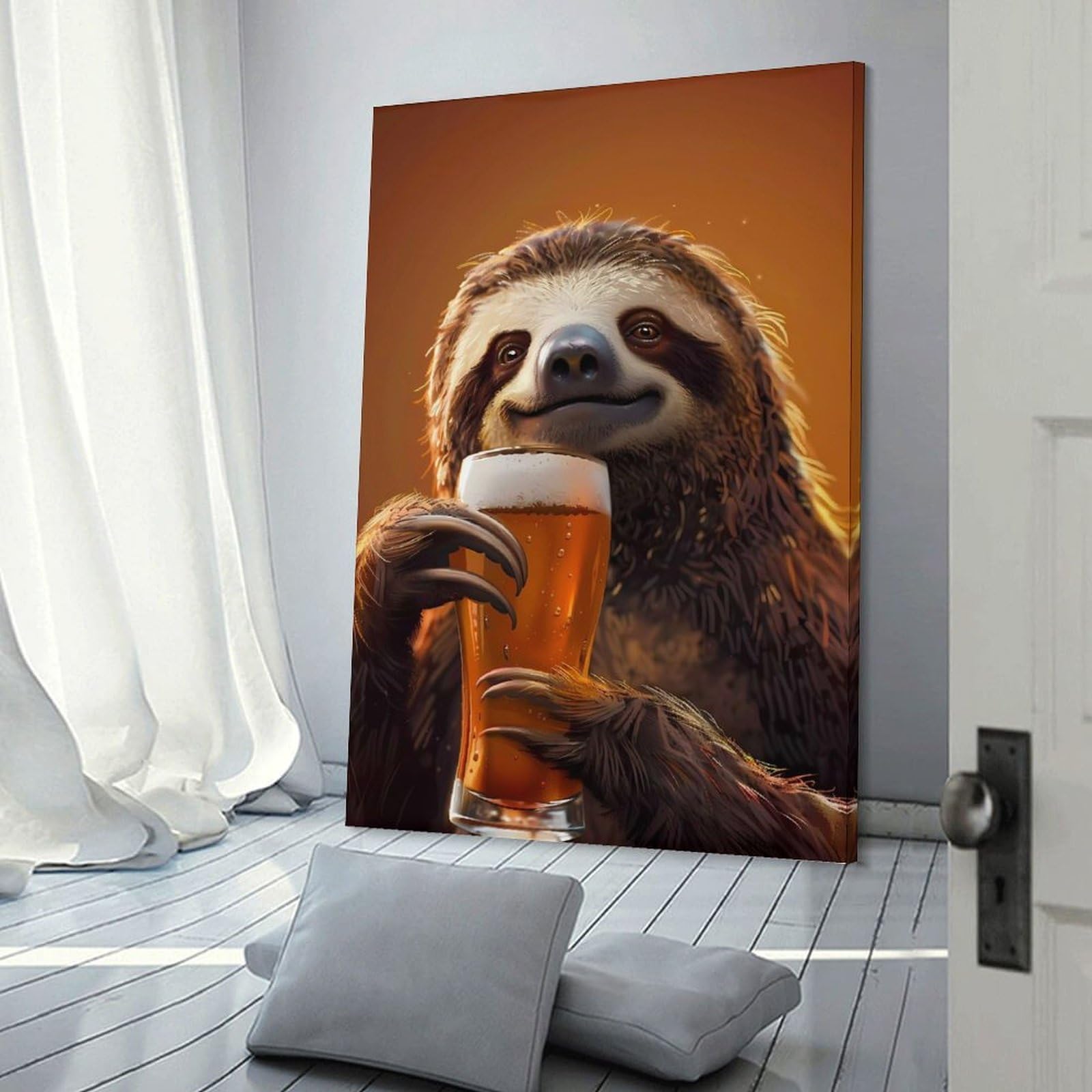 Junmoney Sloth Beer Wall Art Print, 24x36inch(60x90cm), for Wall Displays, Bedrooms Or Room Updates, A Versatile Canvas Print for Layering