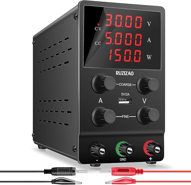 RUZIZAO DC Power Supply Variable: 30V 5A Lab Bench Power Supply Adjustable Switching Regulated High Precision 4-Digits LED Display 5V/2A USB Port Output & Input Power Cord