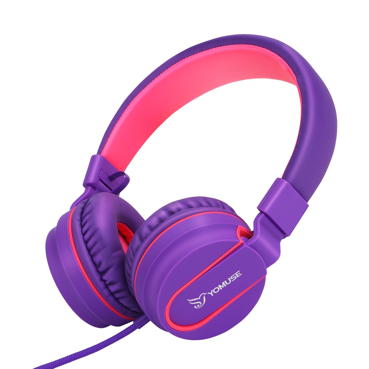 F95 On Ear Headphones Foldable Adjustable Headband with Microphone, 3.5mm Plug Jack for Kids Childrens Teens Adults Purple Pink