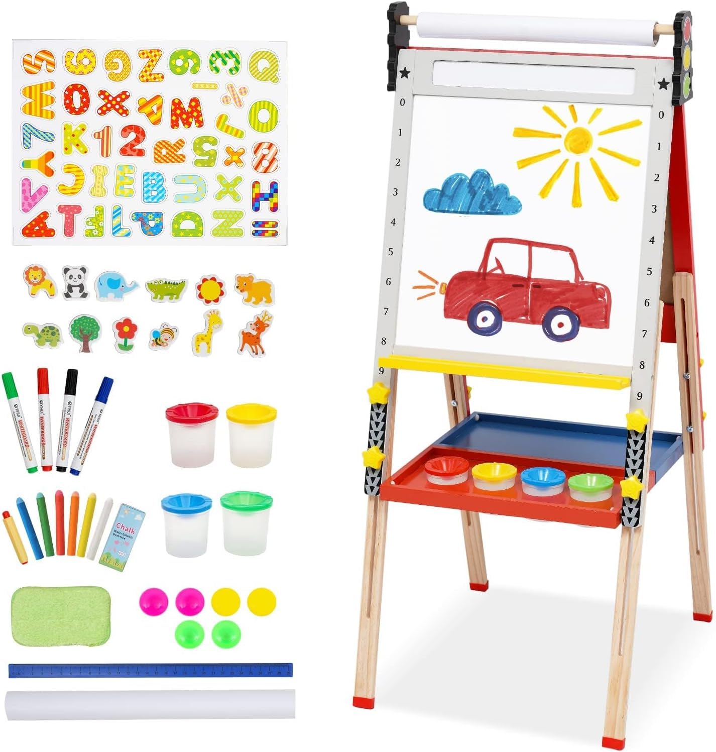 Pizarra Infantil Caballete para Niños Diseño de lazo Pizarra Blanca y Altura Ajustable Tablero de Dibujo de Doble Cara para Niños (Rojo)
