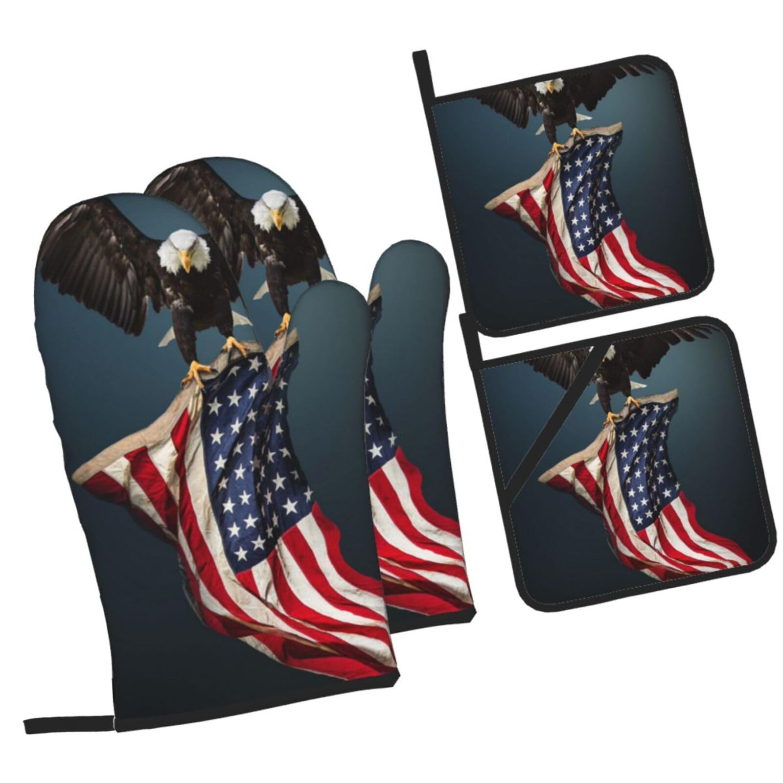 3D Bald Eagle Flying with American Flag Printed Oven Mitts and Pot Holders Heat Resistant Set of 4 Pcs, Modern Kitchen Gloves & Potholders for Cooking Baking Grilling