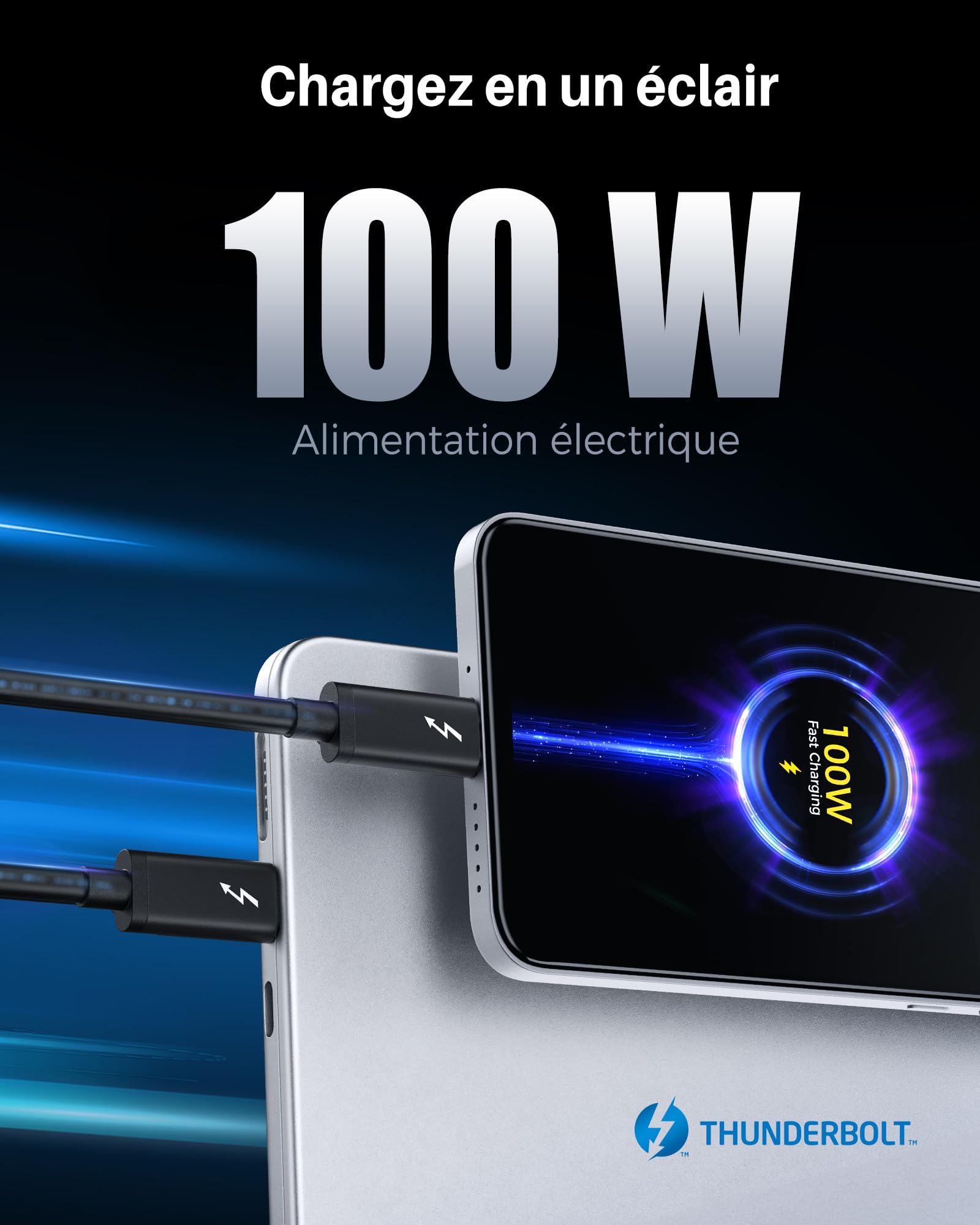 Cable Matters [Certifié Intel] 40Gbps Câble Thunderbolt 3 (Cable Thunderbolt 3 USB C) en Noir 0.8m prenant en Charge Une Charge de 100 W, 8K@30Hz/4K@120Hz